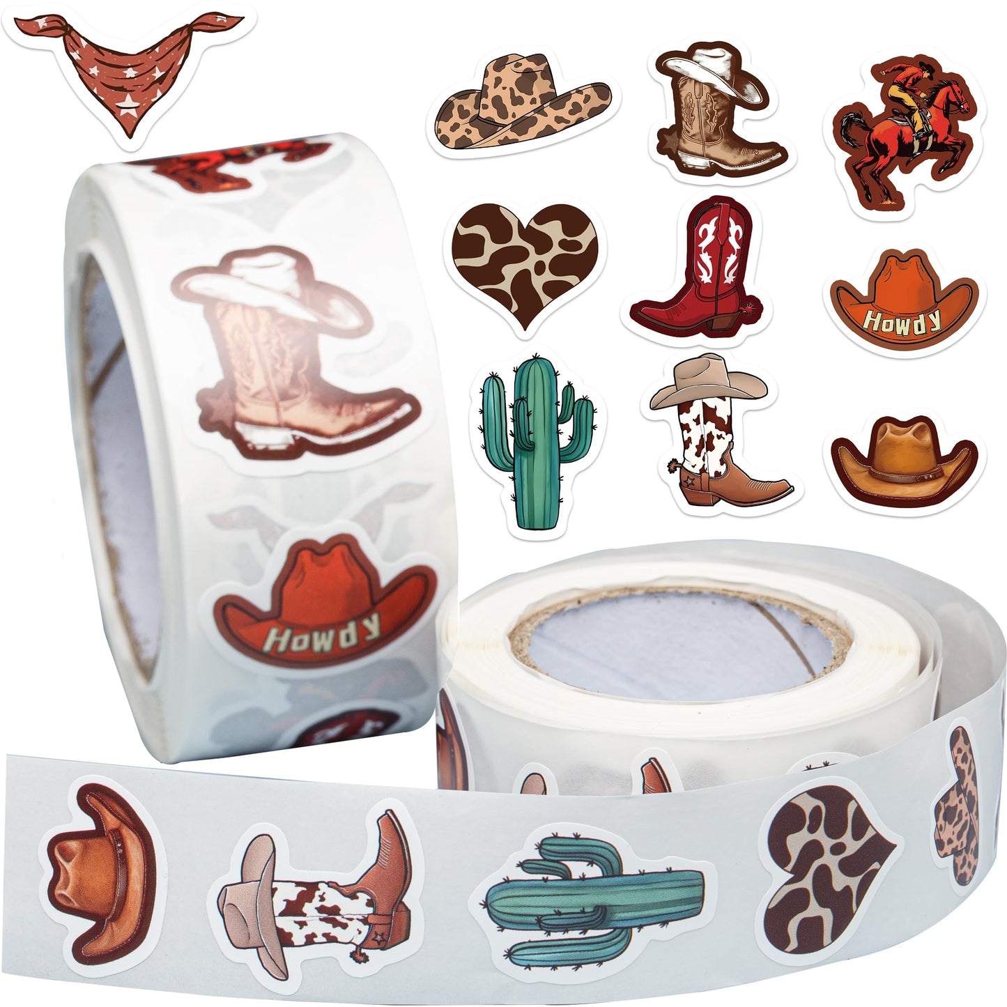 KOPTOP Western Cowboy Stickers Roll – 1000 Pieces, 2 Rolls, 10 Designs, Waterproof