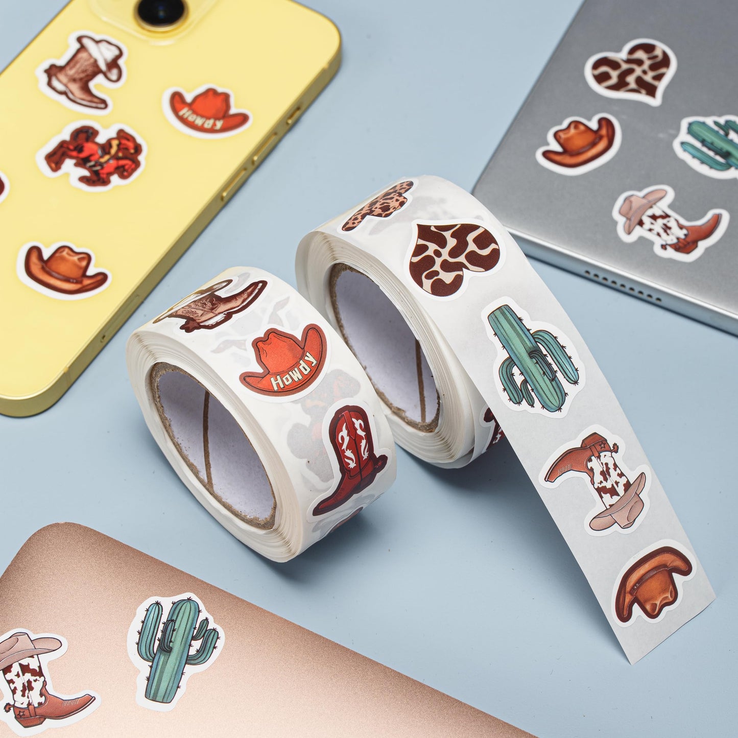 KOPTOP Western Cowboy Stickers Roll – 1000 Pieces, 2 Rolls, 10 Designs, Waterproof