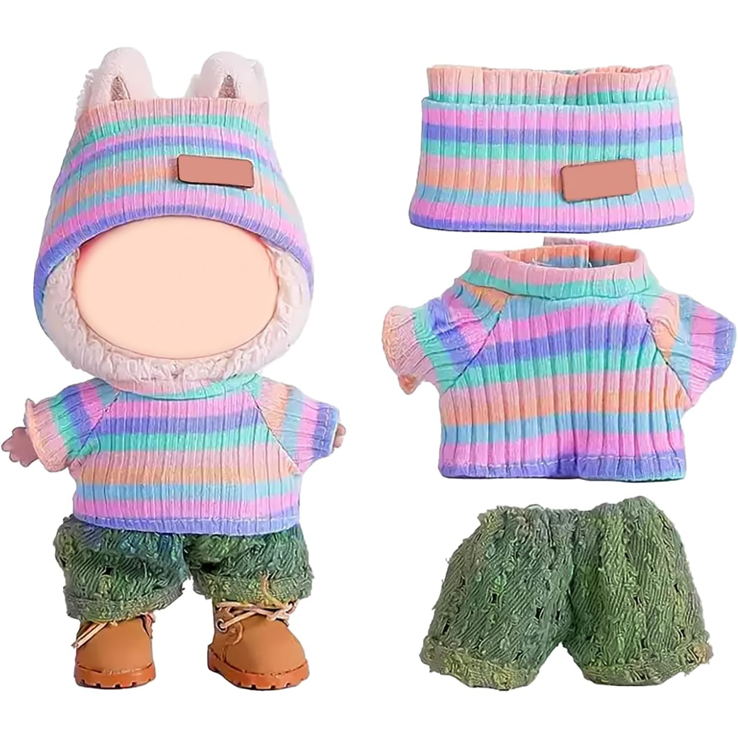 KORIYO Doll Clothes for 17cm LUBUBU Dolls — Hand Crocheted 3-Piece Outfit with Rainbow Sweater, Hat, and Pants