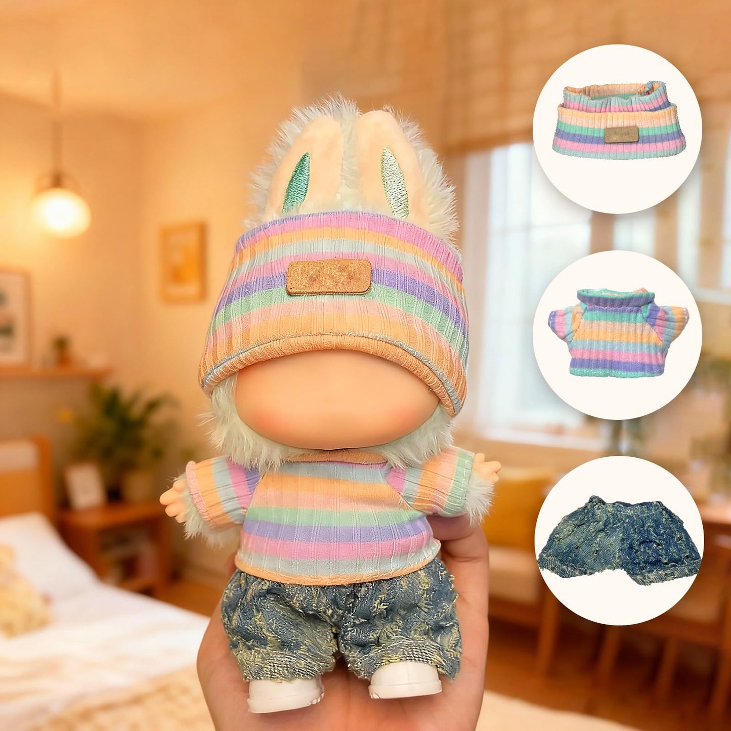 KORIYO Doll Clothes for 17cm LUBUBU Dolls — Hand Crocheted 3-Piece Outfit with Rainbow Sweater, Hat, and Pants