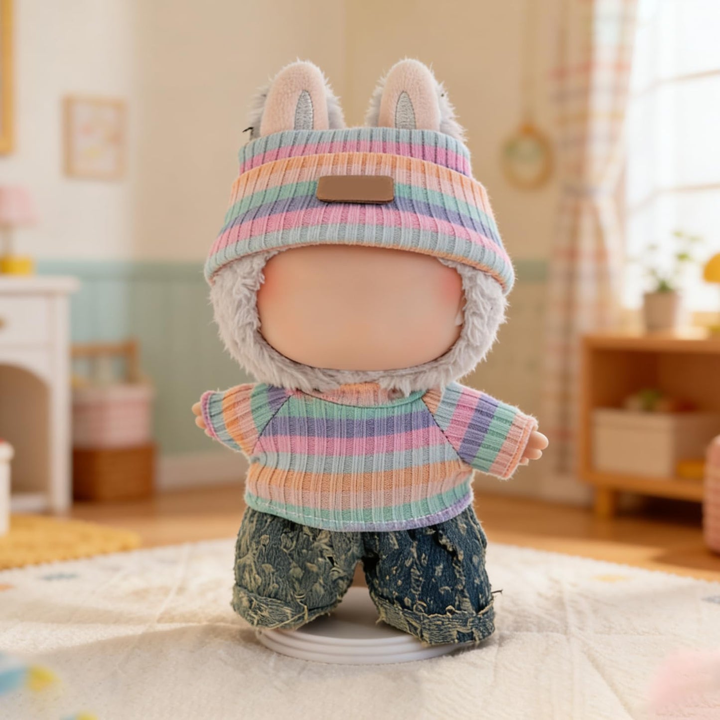 KORIYO Doll Clothes for 17cm LUBUBU Dolls — Hand Crocheted 3-Piece Outfit with Rainbow Sweater, Hat, and Pants