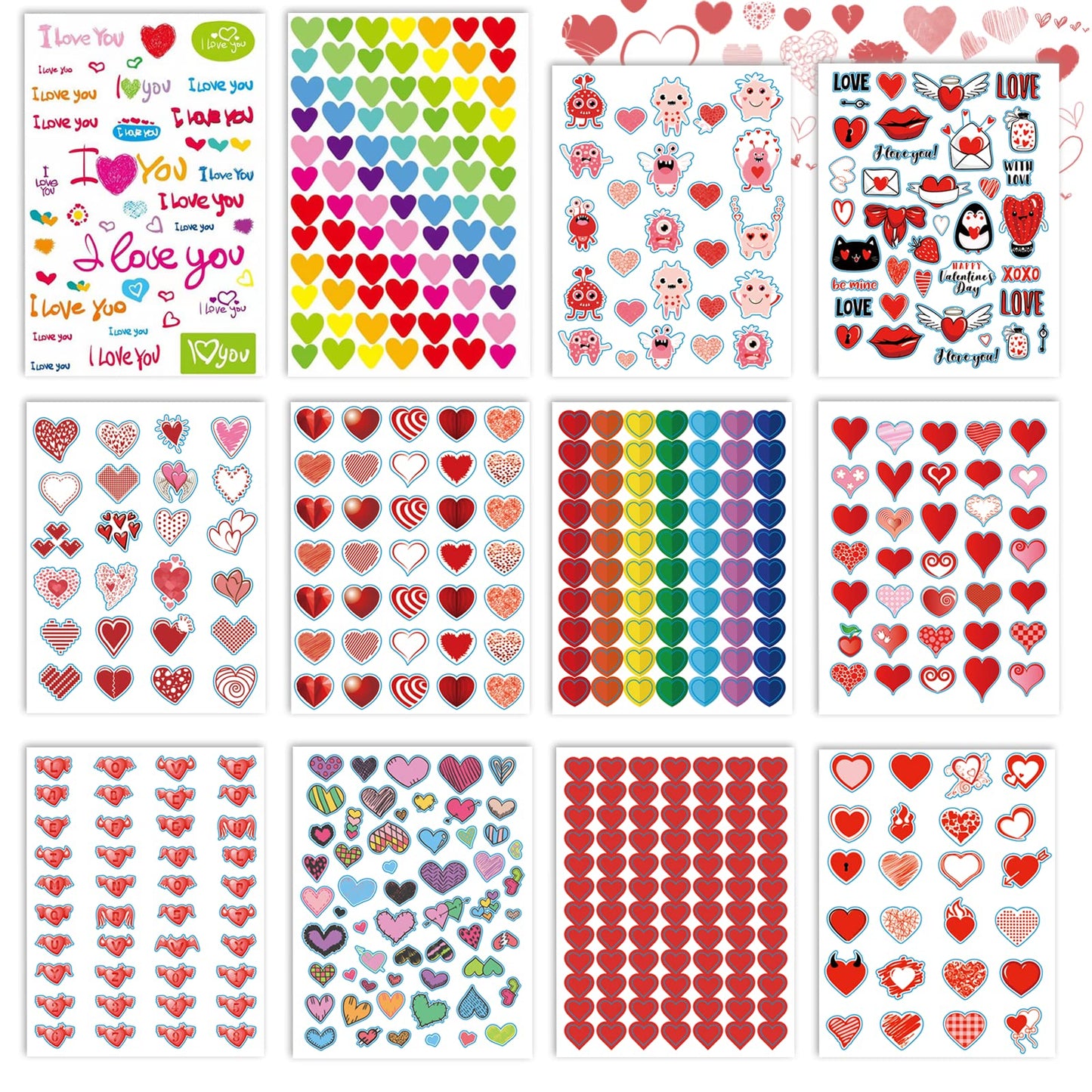 kortes Valentines Day Stickers – 544 Heart Stickers on 12 Sheets (Pack 02)