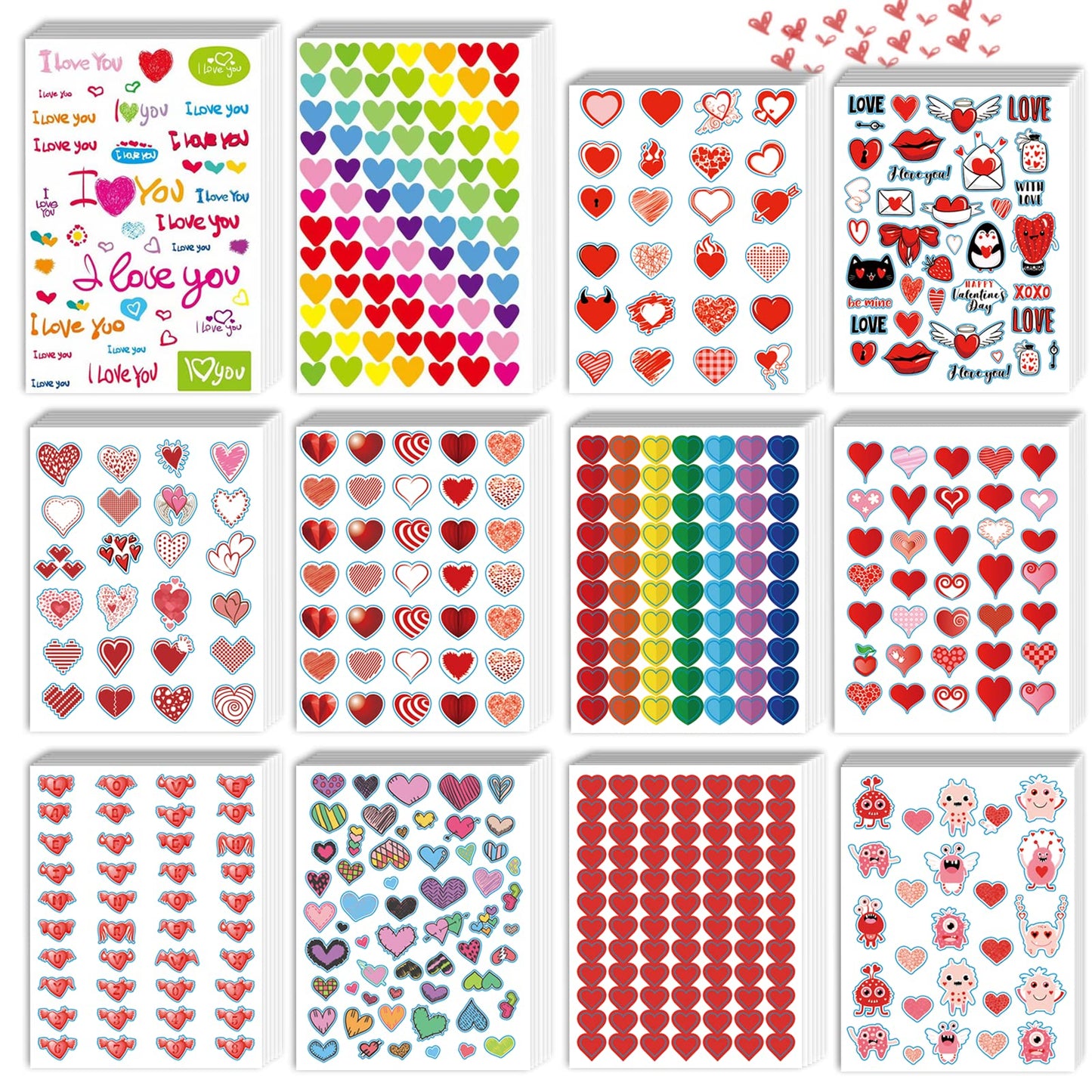 kortes 72-Sheets Valentines Heart Stickers – 3642 pcs, 12 Designs