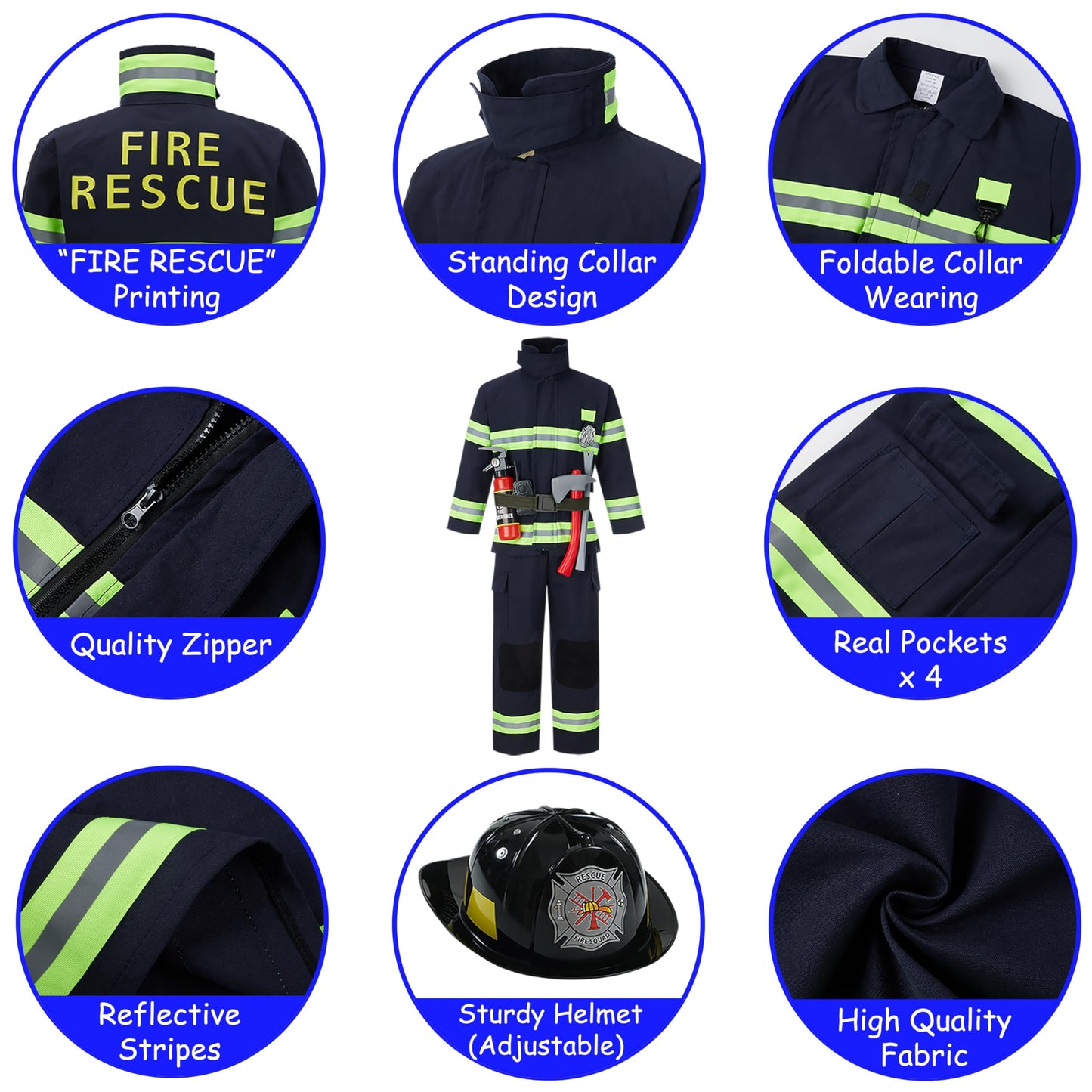 Kosgraiy Kids Firefighter Costume 9pc Set – Black Fireman Dress Up for 3-4 Years