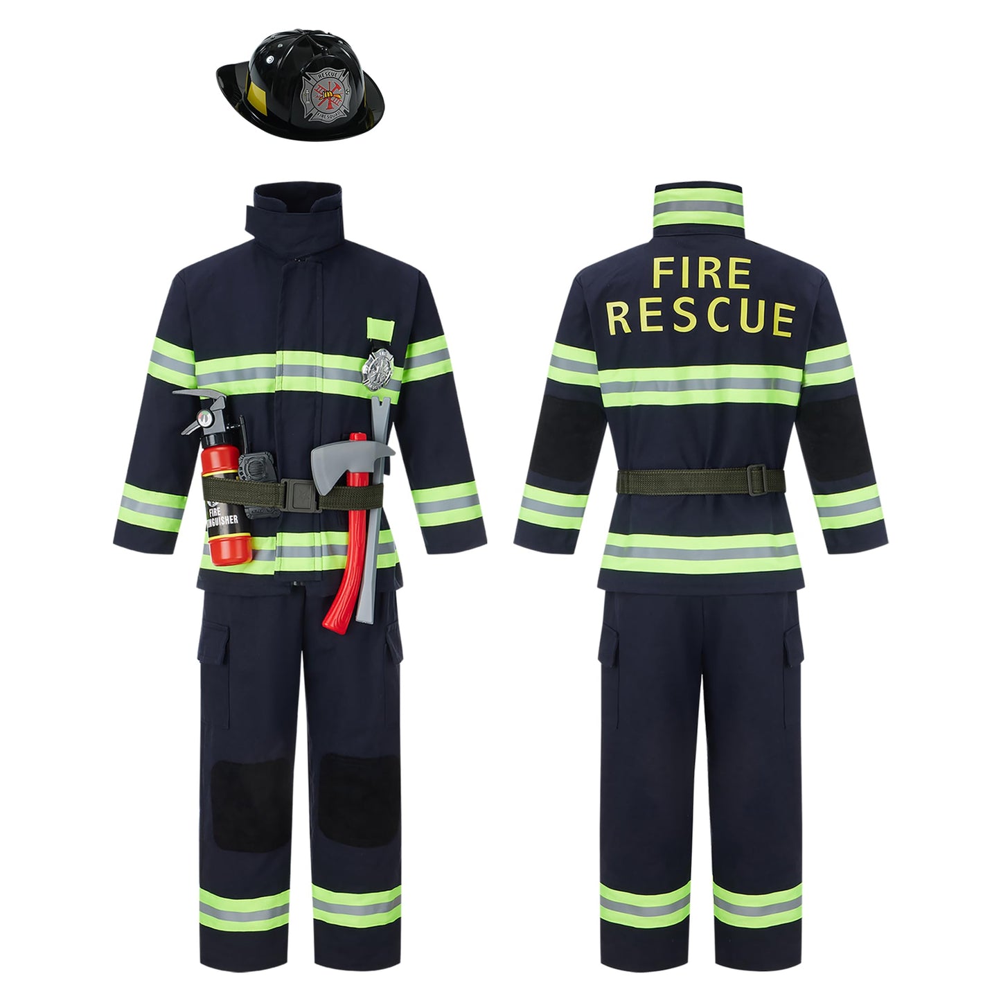 Kosgraiy Kids Firefighter Costume 9pc Set – Black Fireman Dress Up for 3-4 Years