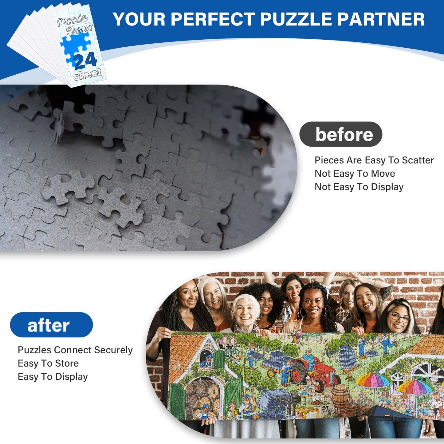 KOSTBAR Puzzle Glue Sheets for 1000-Piece Puzzles – 24 Saver Sheets, Peel & Stick Jigsaw Stickers, No-Clean, Gift for Puzzle Lovers