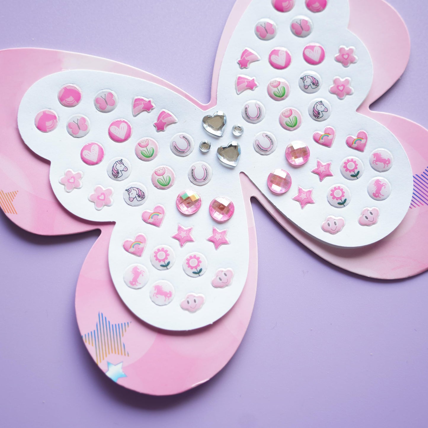 Koutey Butterfly Stick-On Earrings for Kids – 30 Pairs Unicorn Rainbow Self-Adhesive Earrings (Butterfly-01)