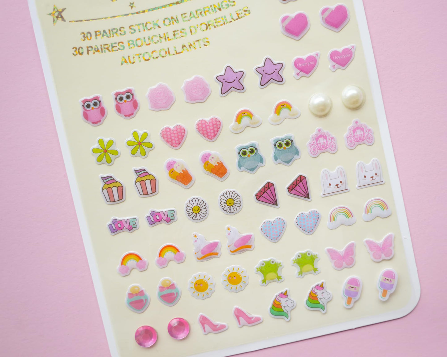 Koutey Stick On Earrings – 30 Pairs Unicorn & Rainbow Self-Adhesive Earrings for Kids