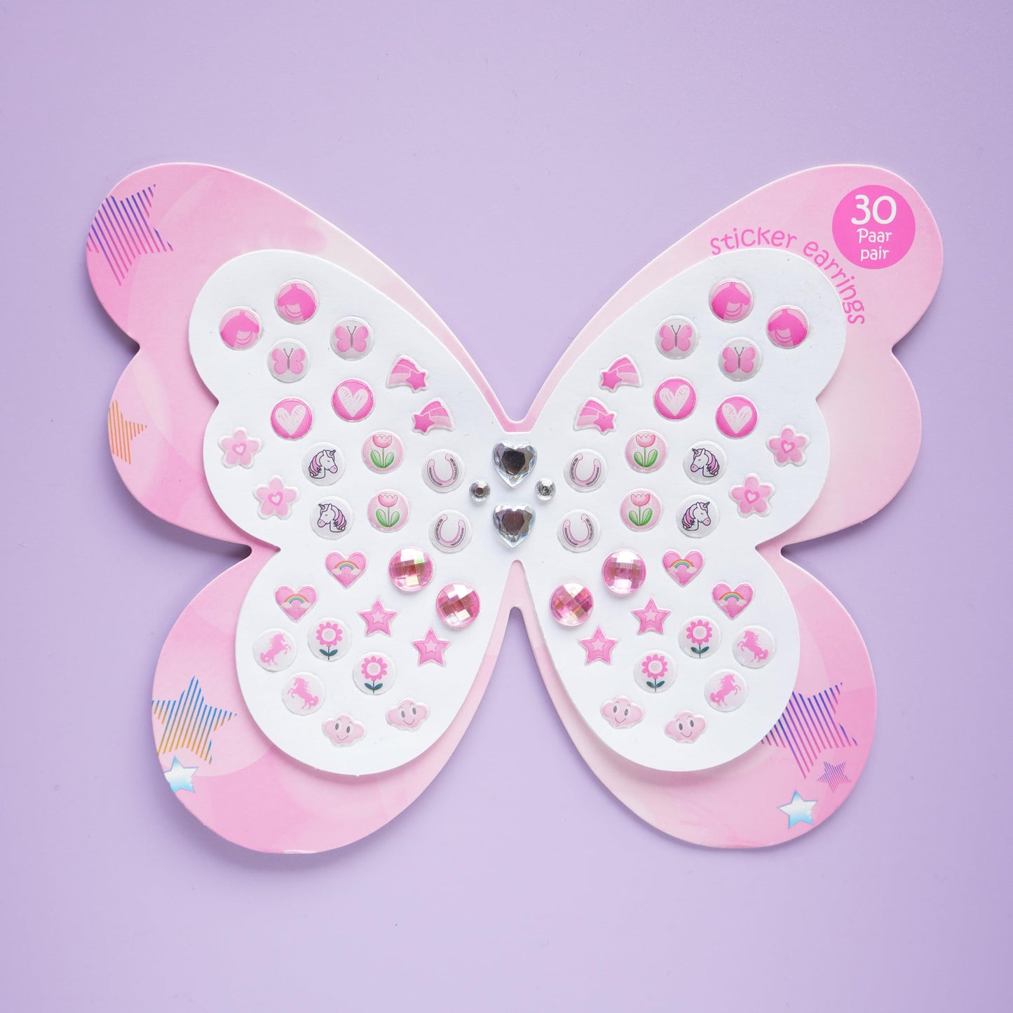 Koutey Butterfly Stick-On Earrings for Kids – 30 Pairs Unicorn Rainbow Self-Adhesive Earrings (Butterfly-01)