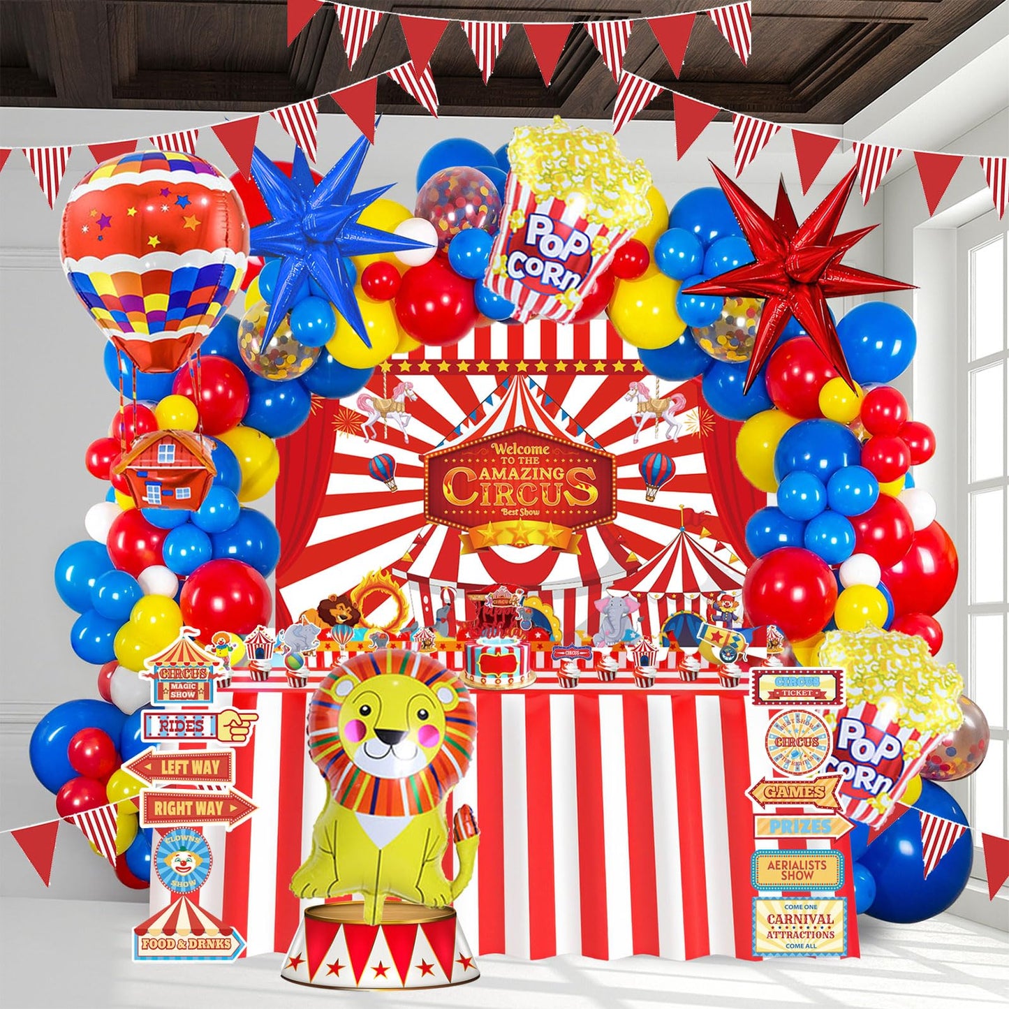 Kozee Carnival Circus Theme Party Decorations – Red, Blue & Yellow Balloons, Foil Hot Air Balloons, Striped Banner & Backdrop