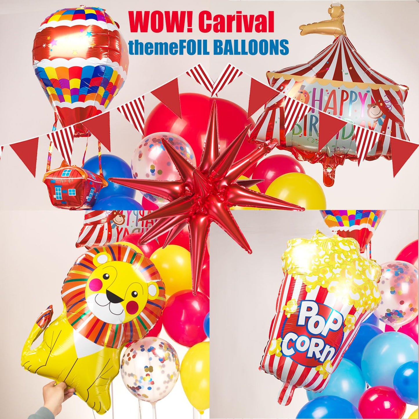 Kozee Carnival Circus Theme Party Decorations – Red, Blue & Yellow Balloons, Foil Hot Air Balloons, Striped Banner & Backdrop