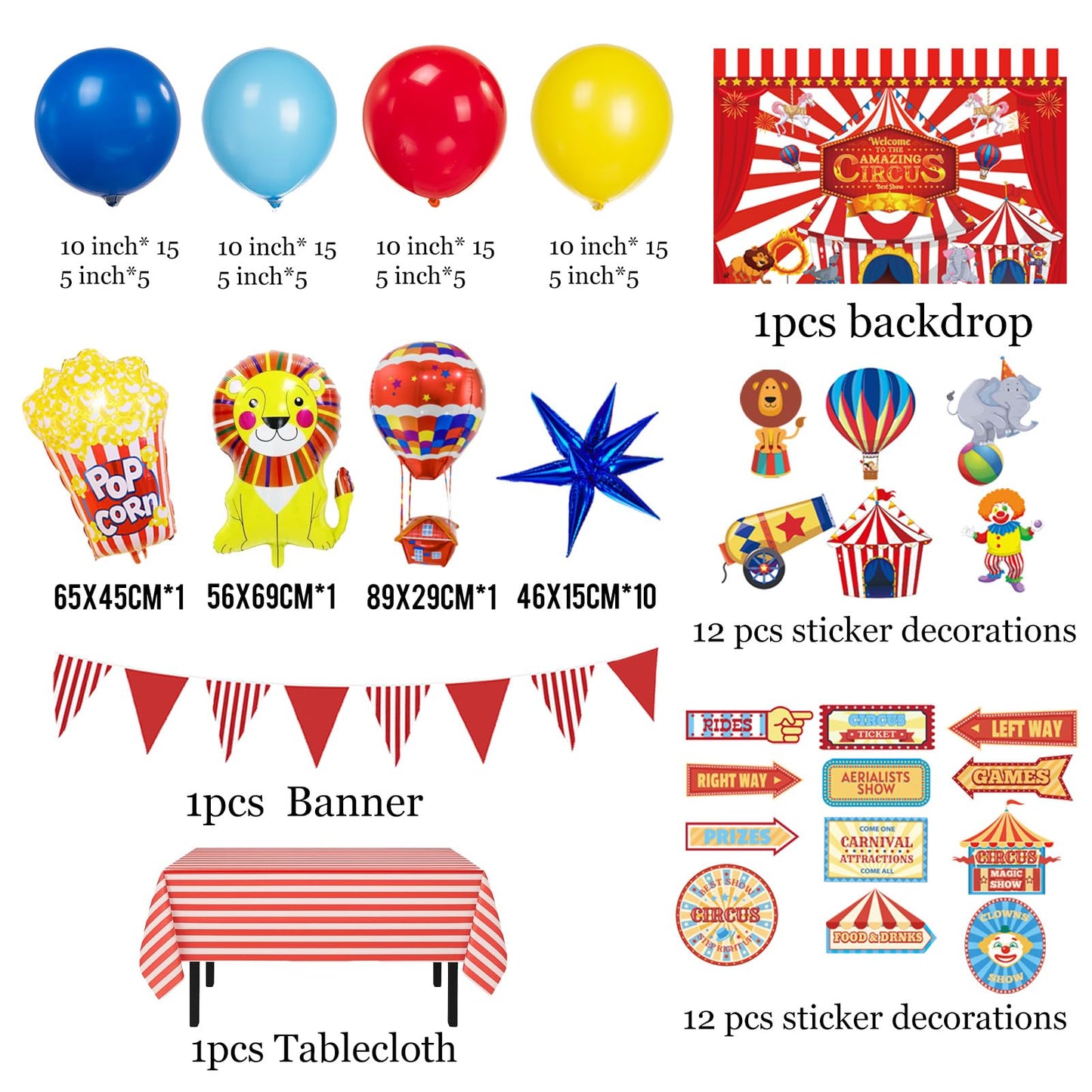 Kozee Carnival Circus Theme Party Decorations – Red, Blue & Yellow Balloons, Foil Hot Air Balloons, Striped Banner & Backdrop