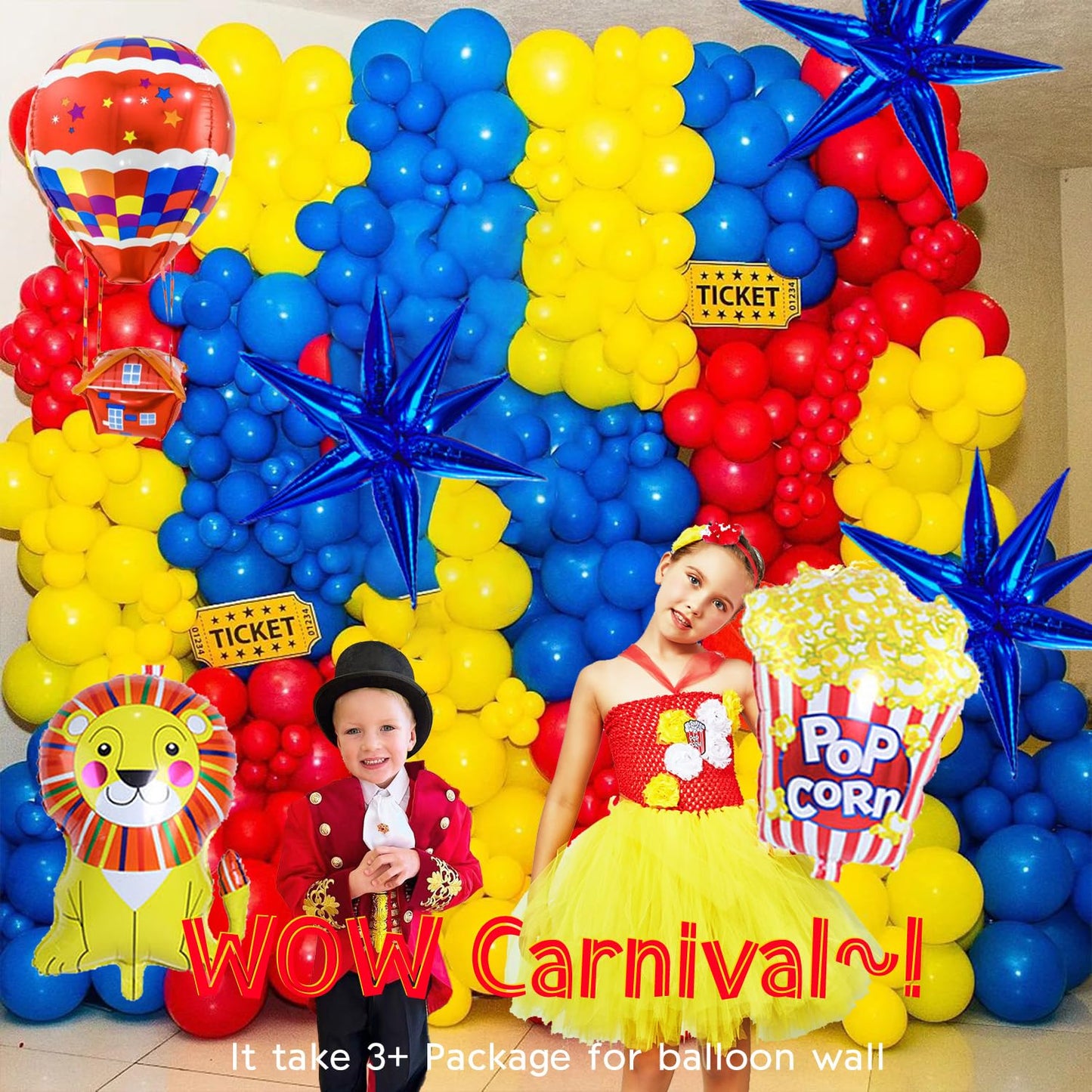 Kozee Carnival Circus Theme Party Decorations – Red, Blue & Yellow Balloons, Foil Hot Air Balloons, Striped Banner & Backdrop