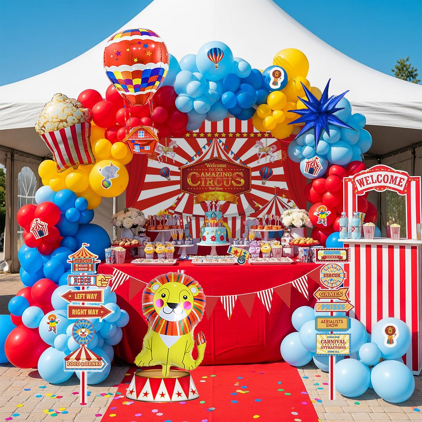 Kozee Carnival Circus Theme Party Decorations – Red, Blue & Yellow Balloons, Foil Hot Air Balloons, Striped Banner & Backdrop