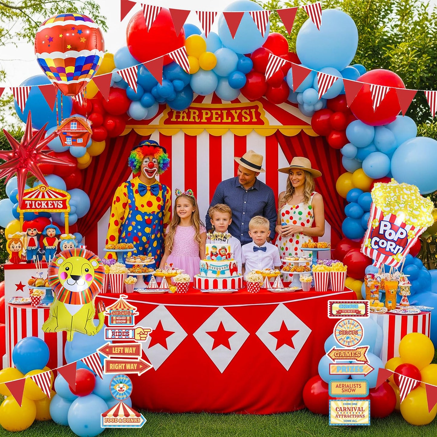 Kozee Carnival Circus Theme Party Decorations – Red, Blue & Yellow Balloons, Foil Hot Air Balloons, Striped Banner & Backdrop