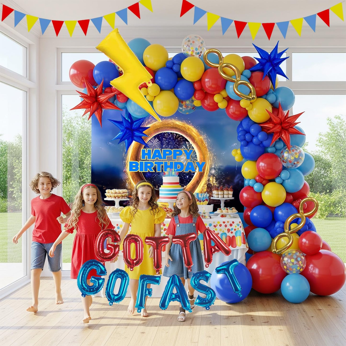 Kozee Hedgehog Birthday Decorations — Red, Blue & Yellow Balloons with Lightning Letter Foil Banner Backdrop