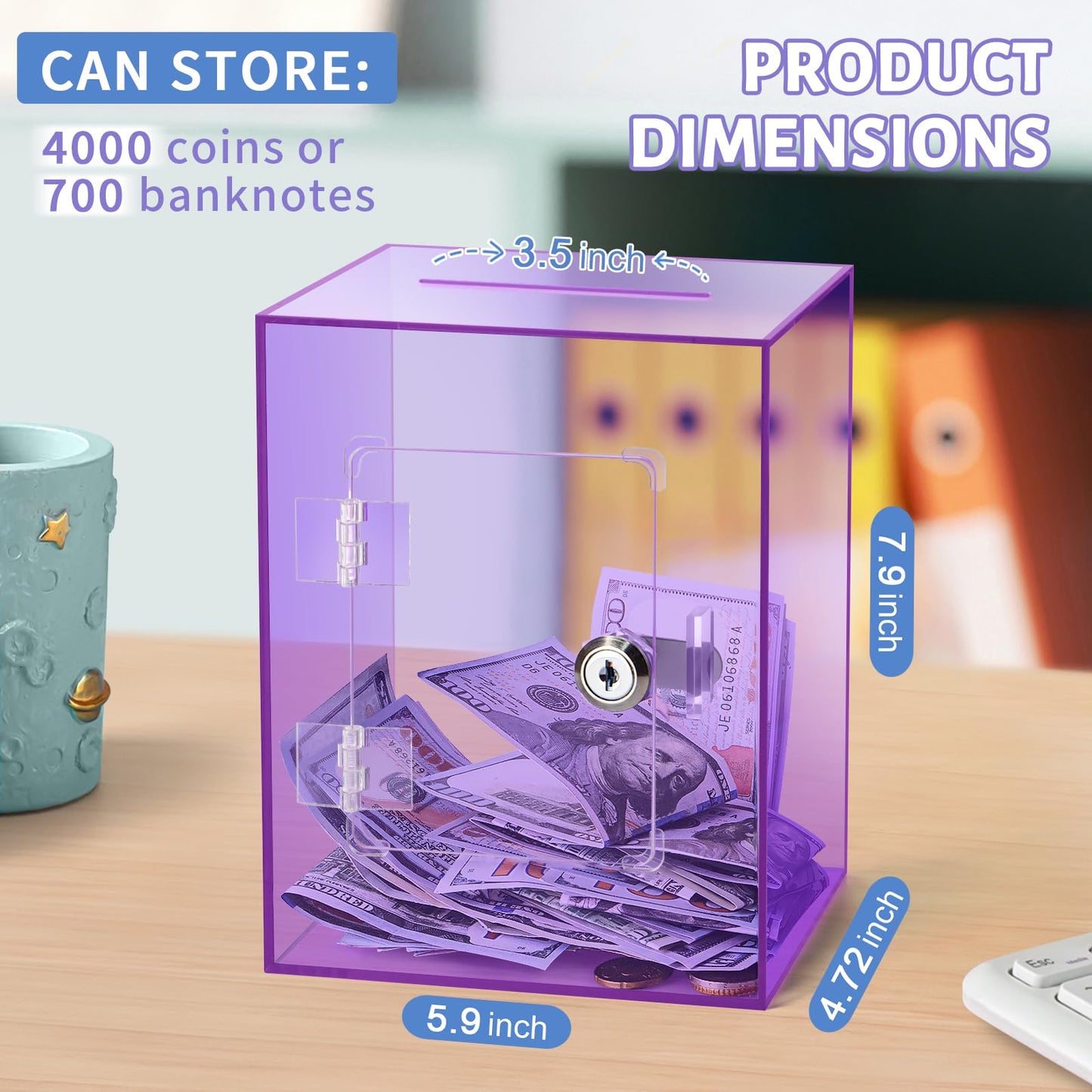 Kozsort Clear Piggy Bank – Large Purple Acrylic Savings Jar with Key