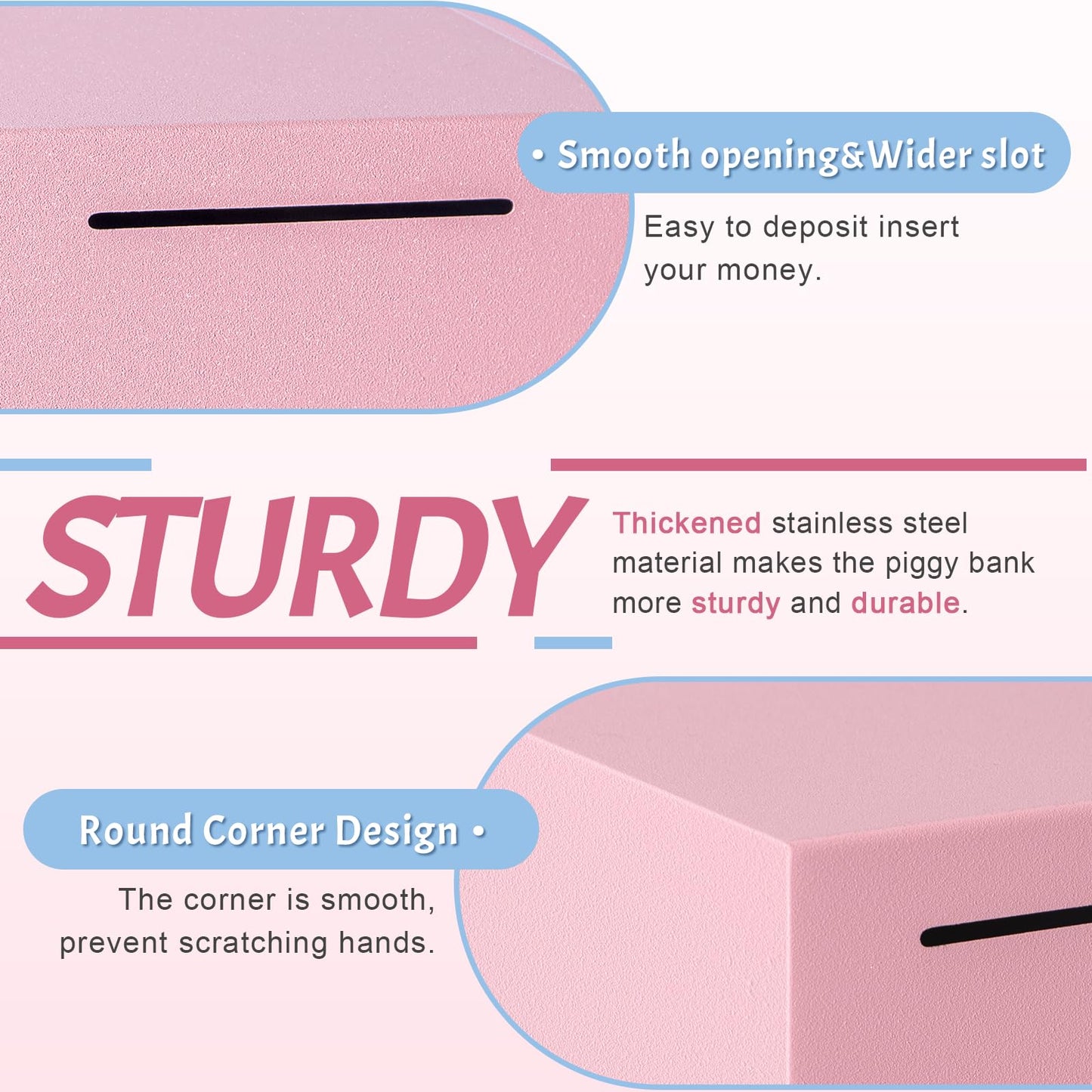Kozsort Piggy Bank for Adults – Unbreakable Stainless Steel, Pink, 5.9-Inch