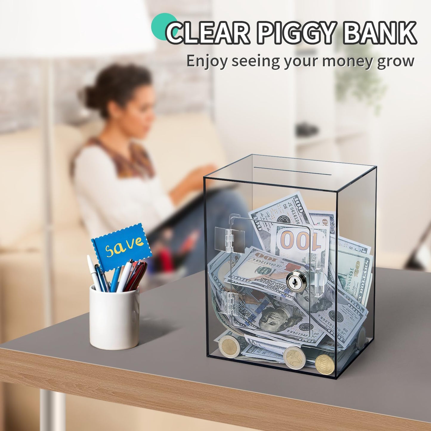 Kozsort Clear Piggy Bank – Large Brown Acrylic Savings Jar with Key for Adults & Kids