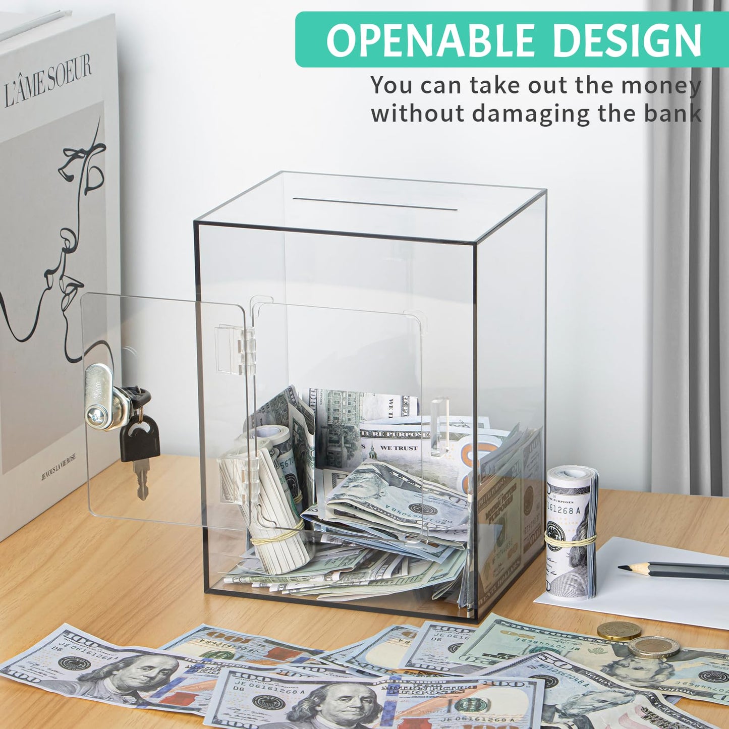 Kozsort Clear Piggy Bank – Large Brown Acrylic Savings Jar with Key for Adults & Kids