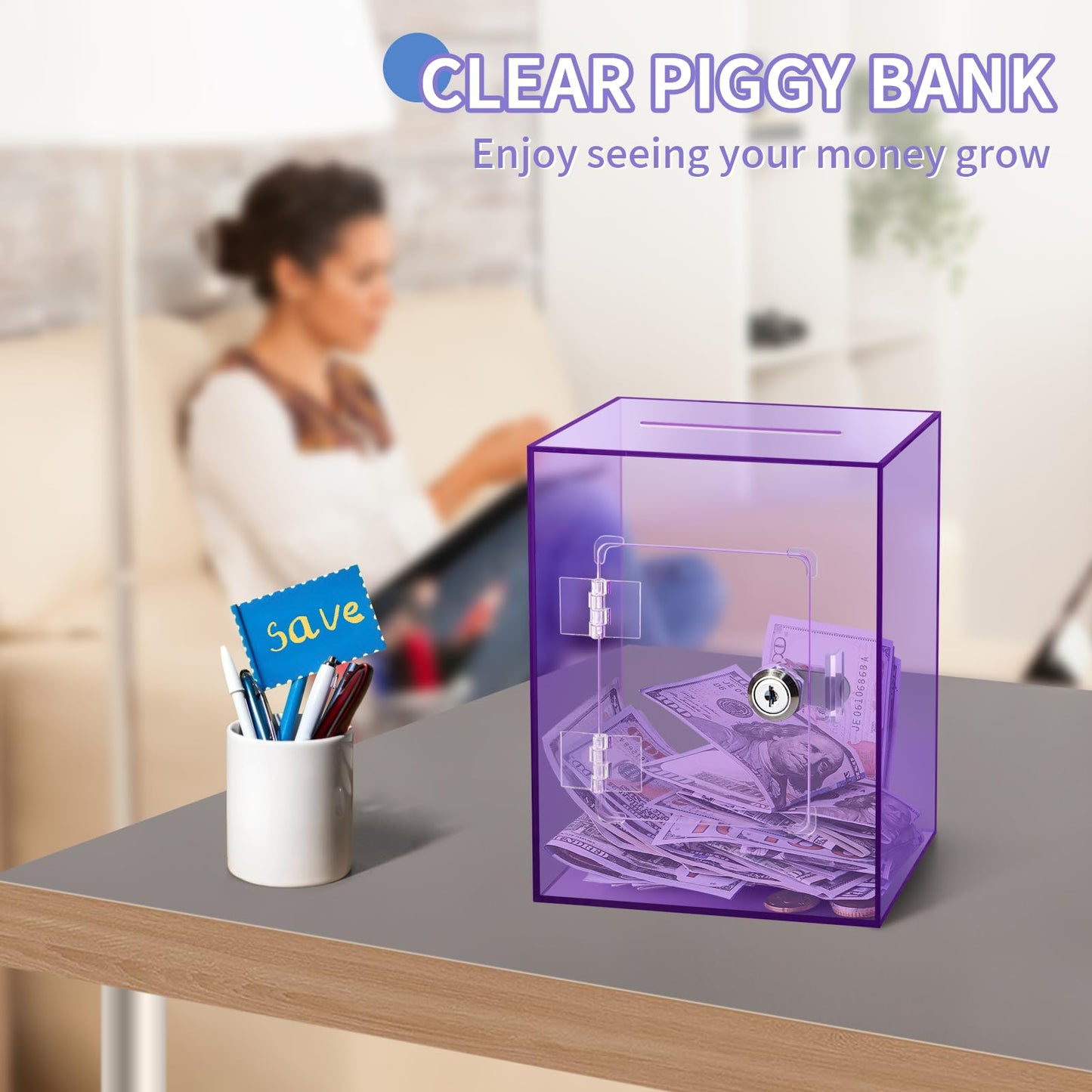 Kozsort Clear Piggy Bank – Large Purple Acrylic Savings Jar with Key