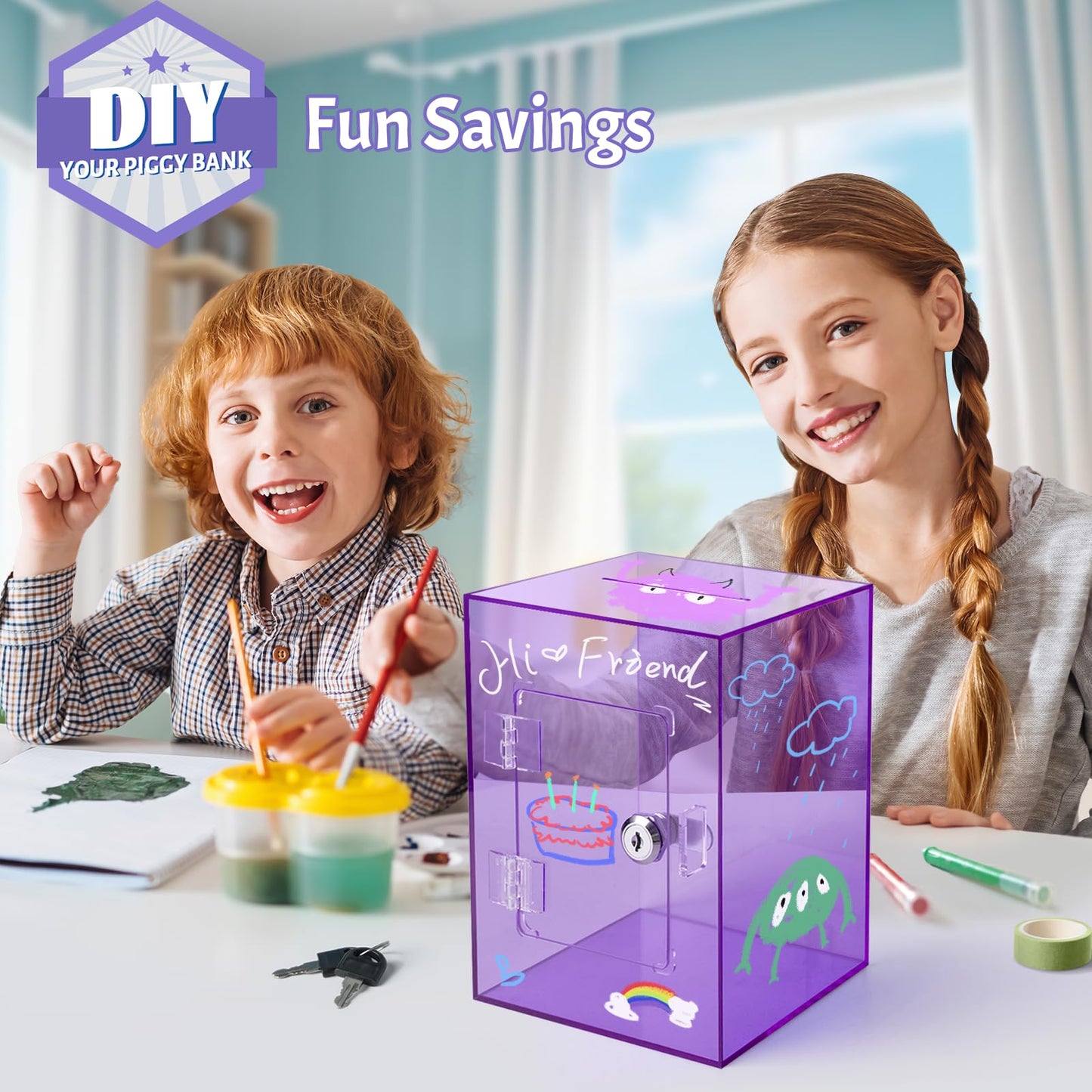 Kozsort Clear Piggy Bank – Large Purple Acrylic Savings Jar with Key