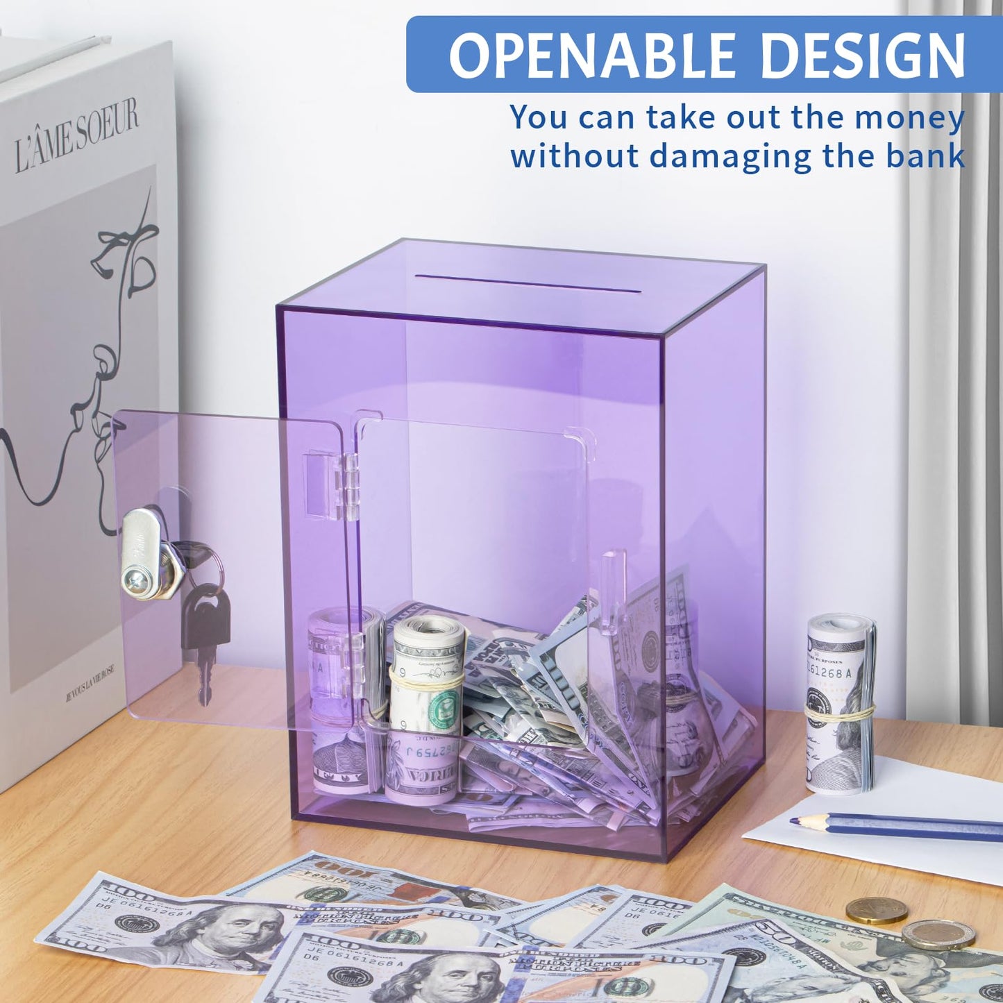 Kozsort Clear Piggy Bank – Large Purple Acrylic Savings Jar with Key