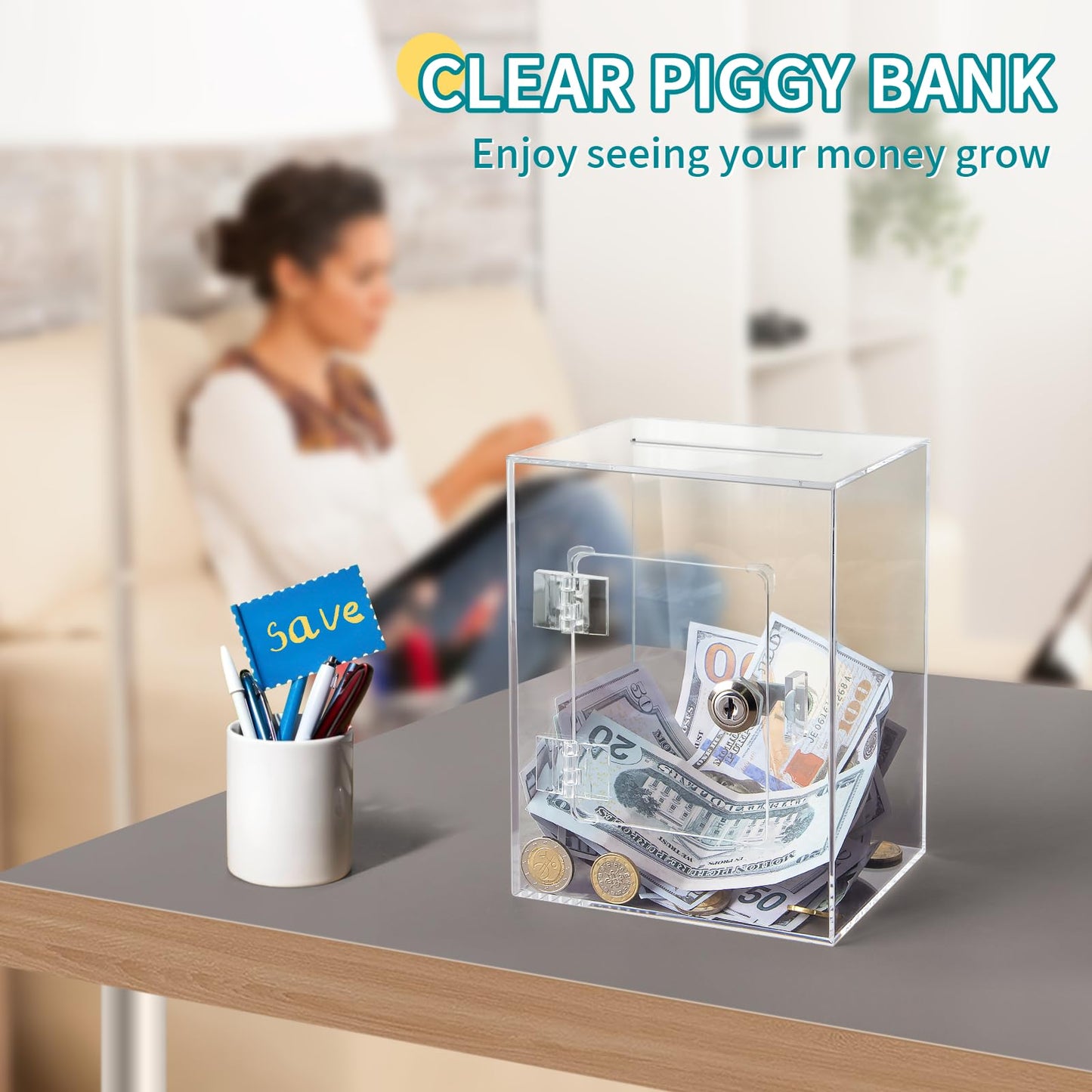 Kozsort Clear Piggy Bank – Large Acrylic Savings Jar with Key (Adults & Kids)