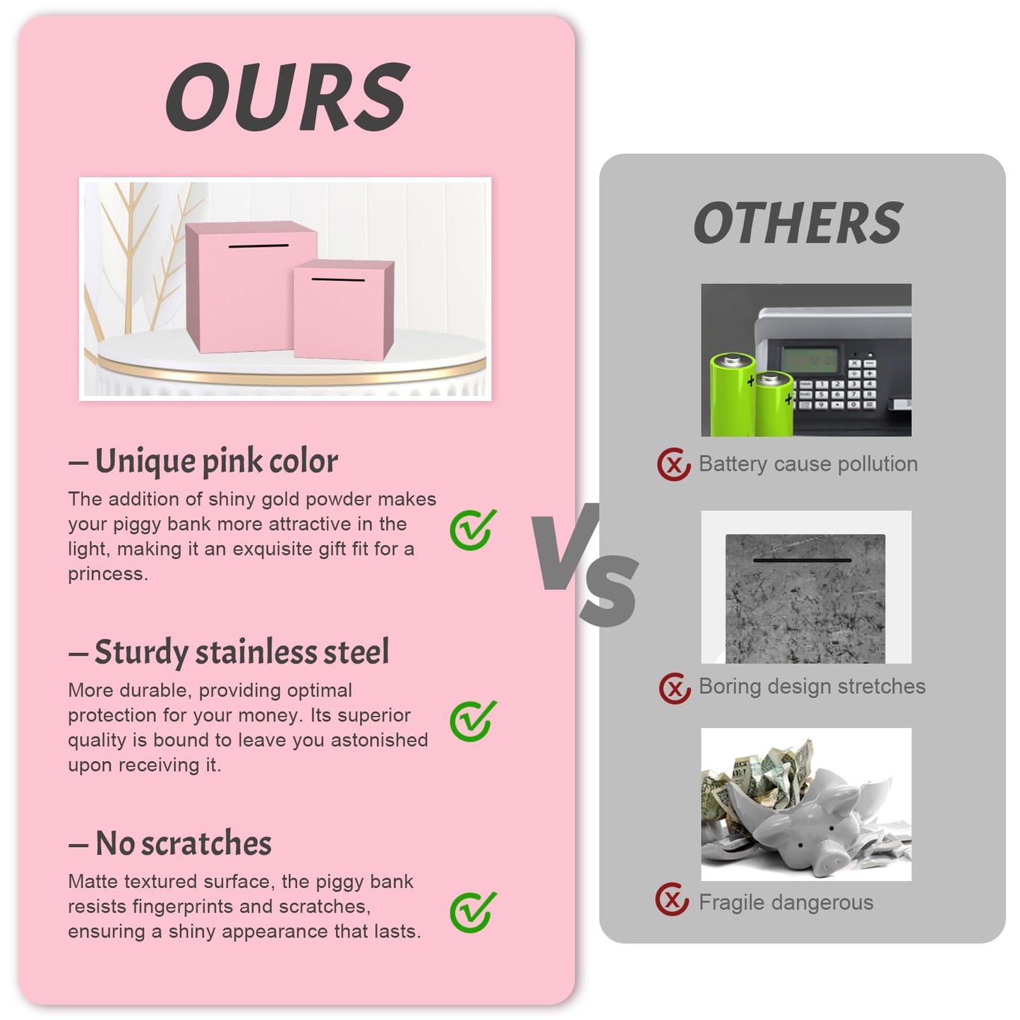 Kozsort Unbreakable Piggy Bank for Adults – Stainless Steel, Pink, 7.9-Inch