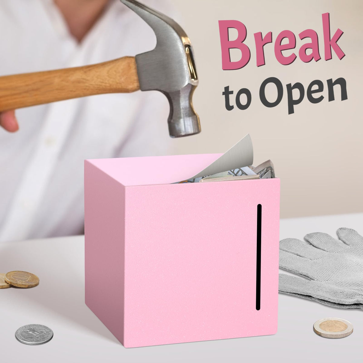 Kozsort Unbreakable Pink Piggy Bank – Stainless Steel, Must Break to Open, 4.72-Inch