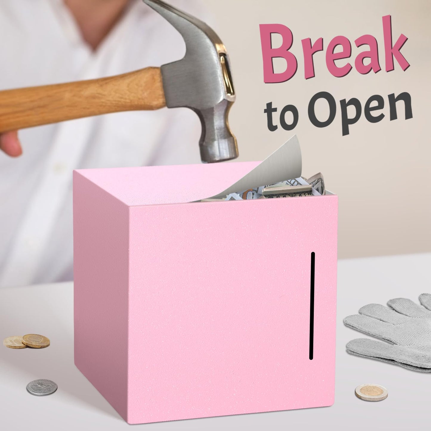 Kozsort Unbreakable Piggy Bank for Adults – Stainless Steel, Pink, 7.9-Inch