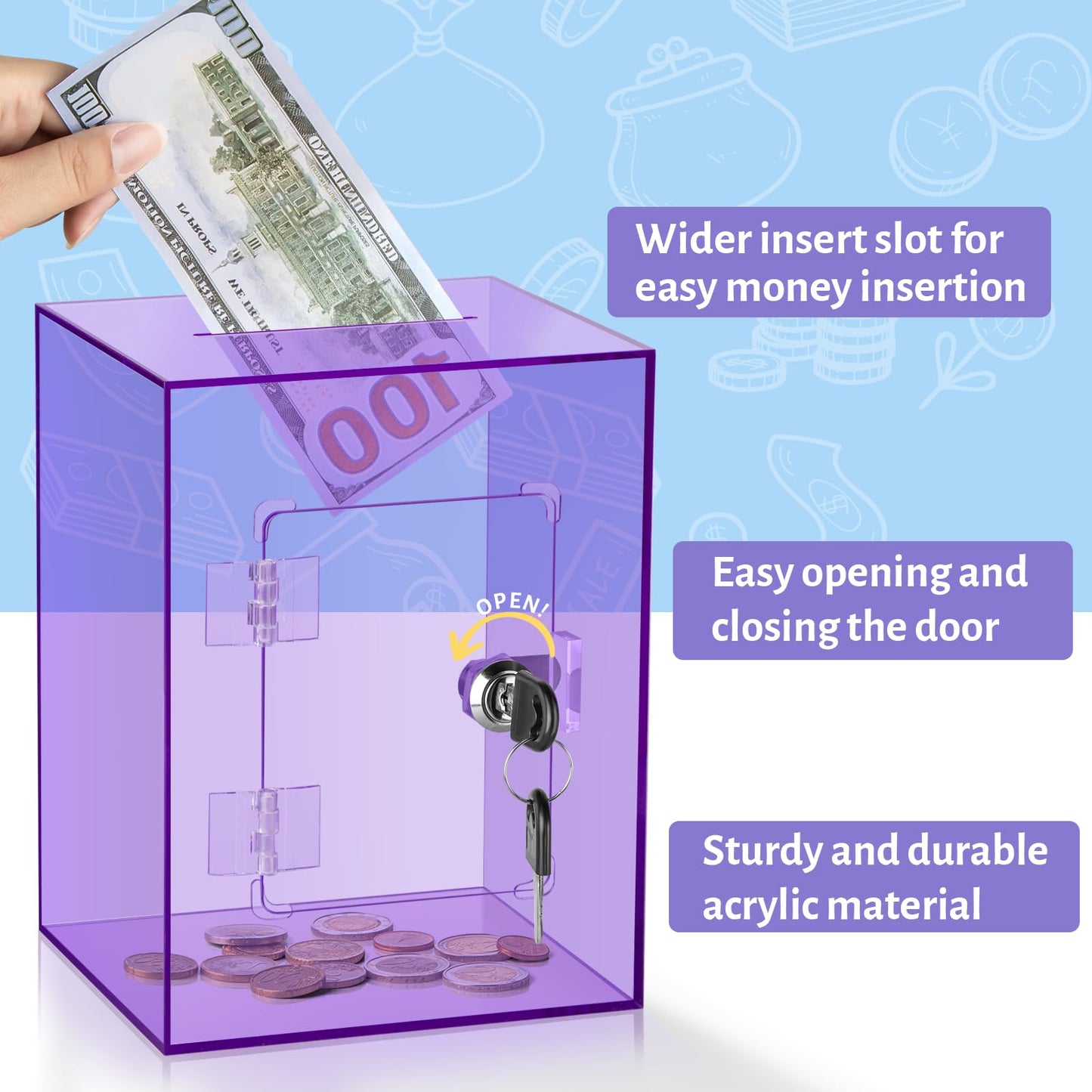 Kozsort Clear Piggy Bank – Large Purple Acrylic Savings Jar with Key