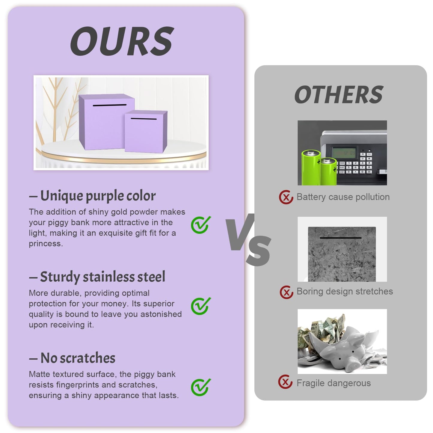 Kozsort Unbreakable Piggy Bank for Adults — Purple Stainless Steel, 5.9-Inch
