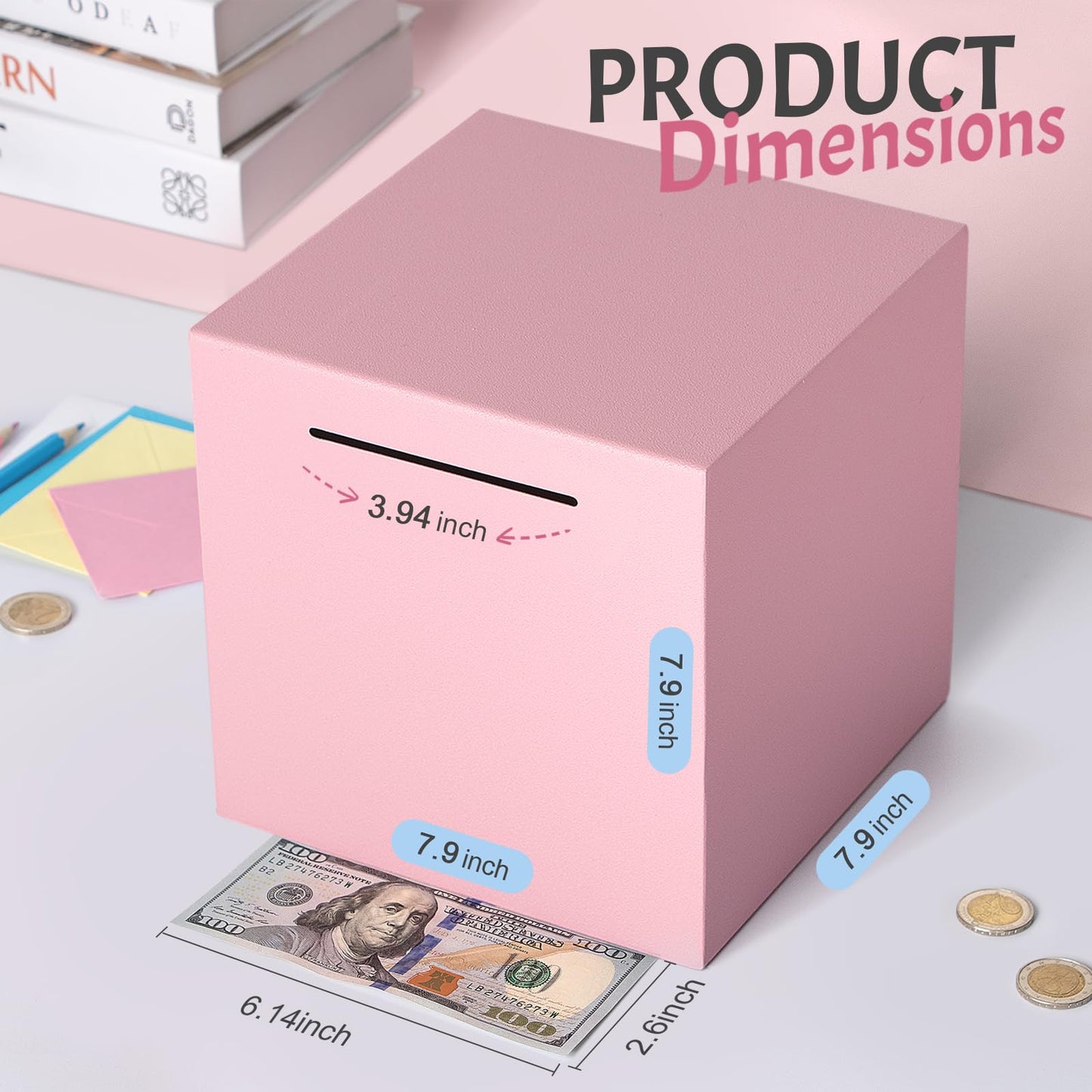 Kozsort Unbreakable Piggy Bank for Adults – Stainless Steel, Pink, 7.9-Inch