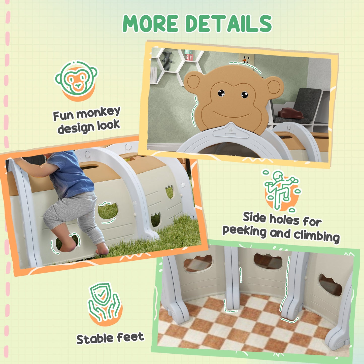 AIYAPLAY Kids Play Tunnel for Crawl and Climb, Monkey Design, Brown