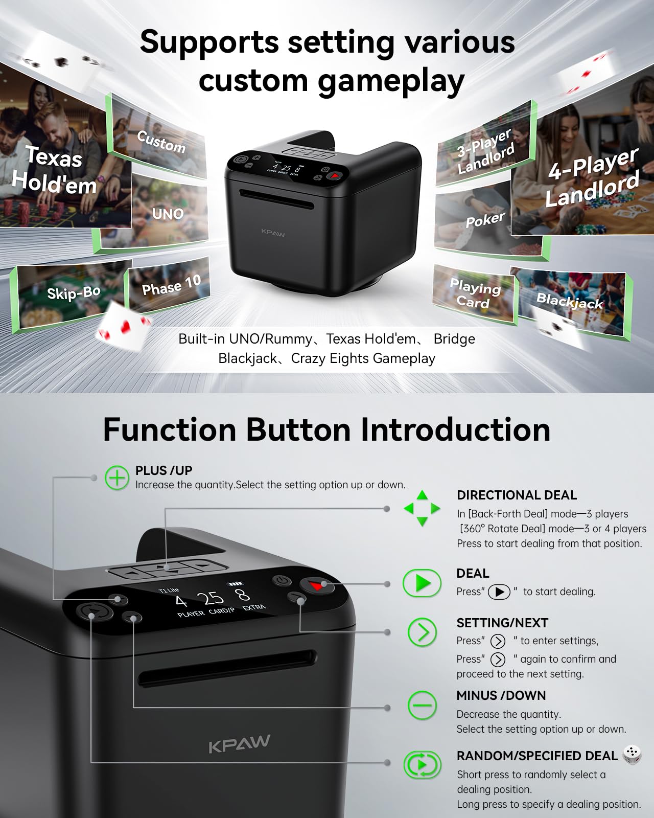 KPAW Automatic Card Dealer – 4 Remotes, 1–3 Decks, USB Rechargeable, Portable Card Dealer for Poker, UNO & More