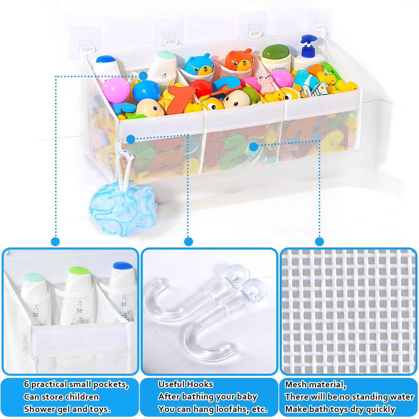 KPH Bath Toy Holder – 6 Pockets, Quick-Dry Mesh, Easy Organizer