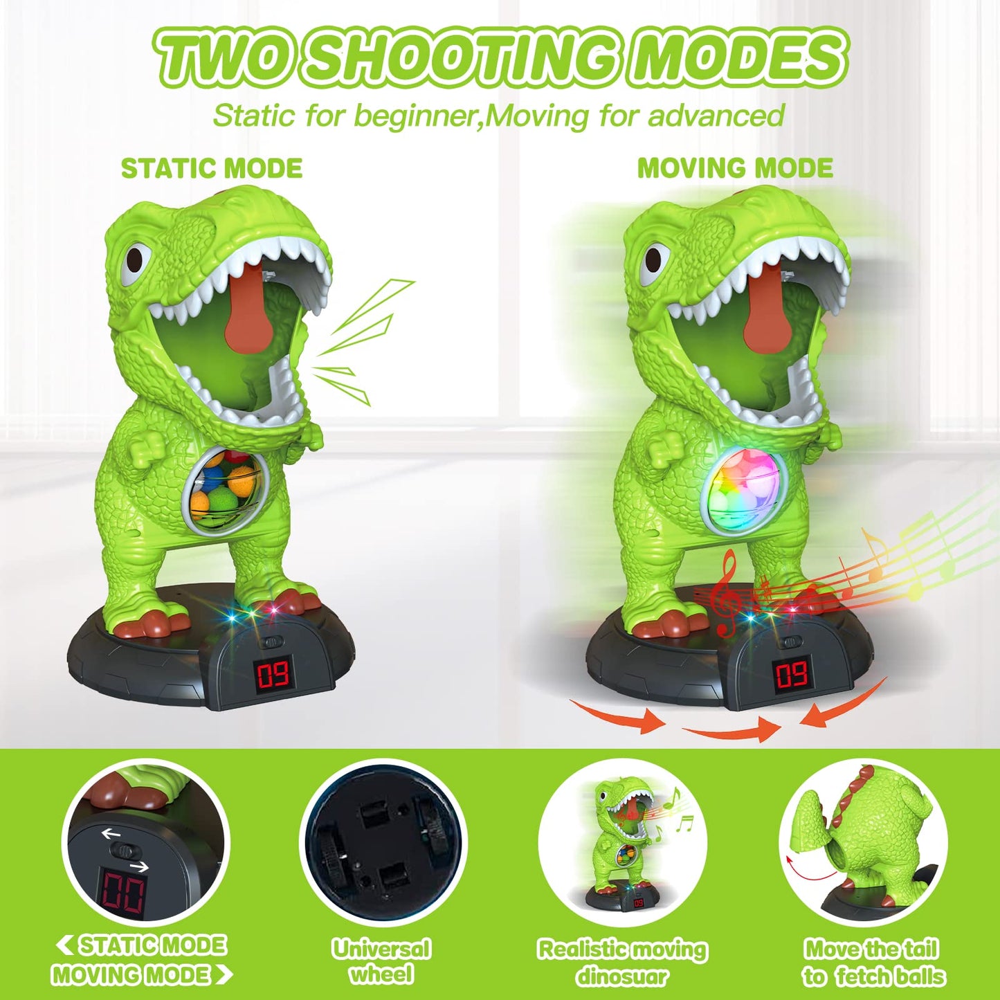 KPPIT Moveable Dinosaur Shooting Game Toy with LCD Score – 2 Air Guns, Safe Foam Bullets, Kids 5-8+