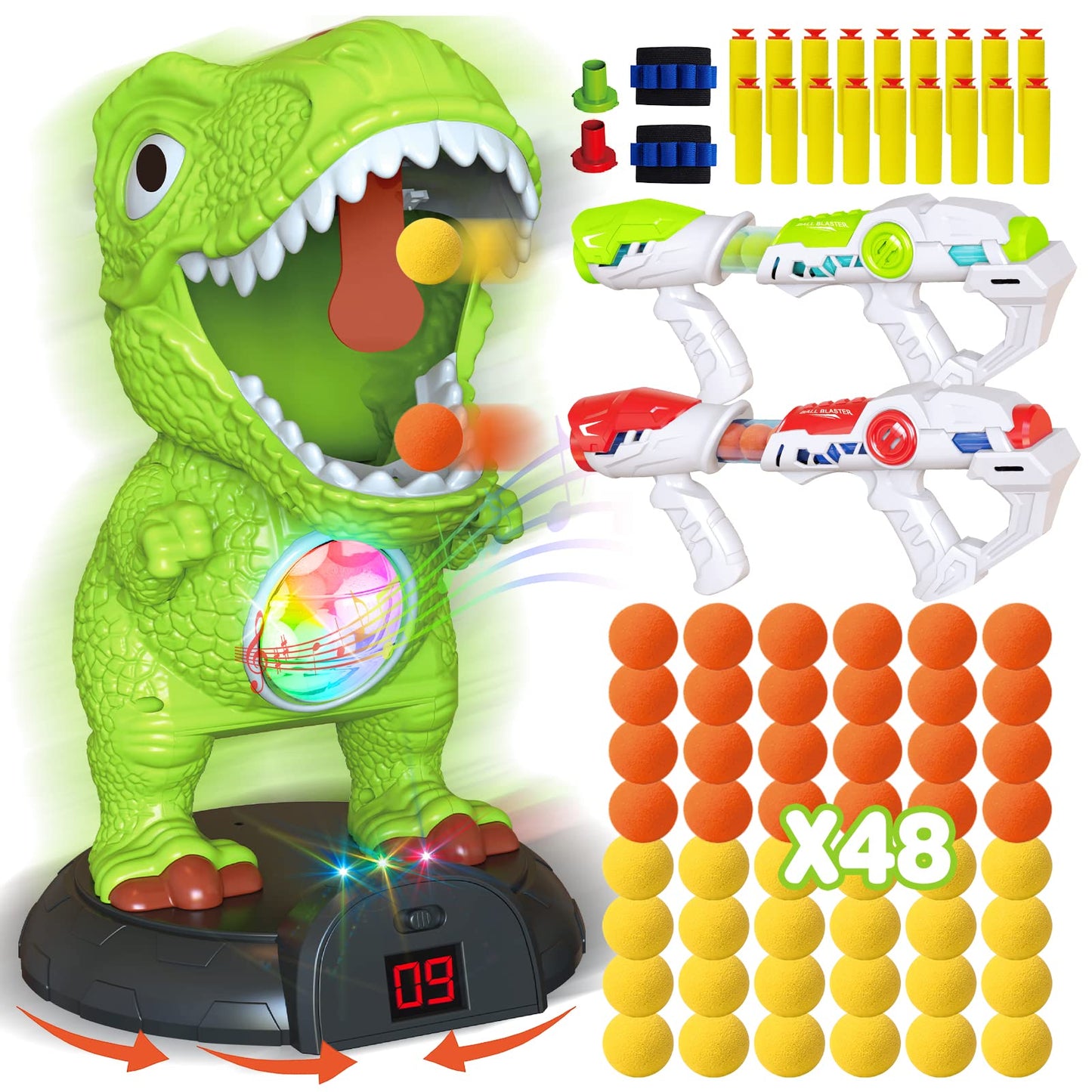 KPPIT Moveable Dinosaur Shooting Game Toy with LCD Score – 2 Air Guns, Safe Foam Bullets, Kids 5-8+