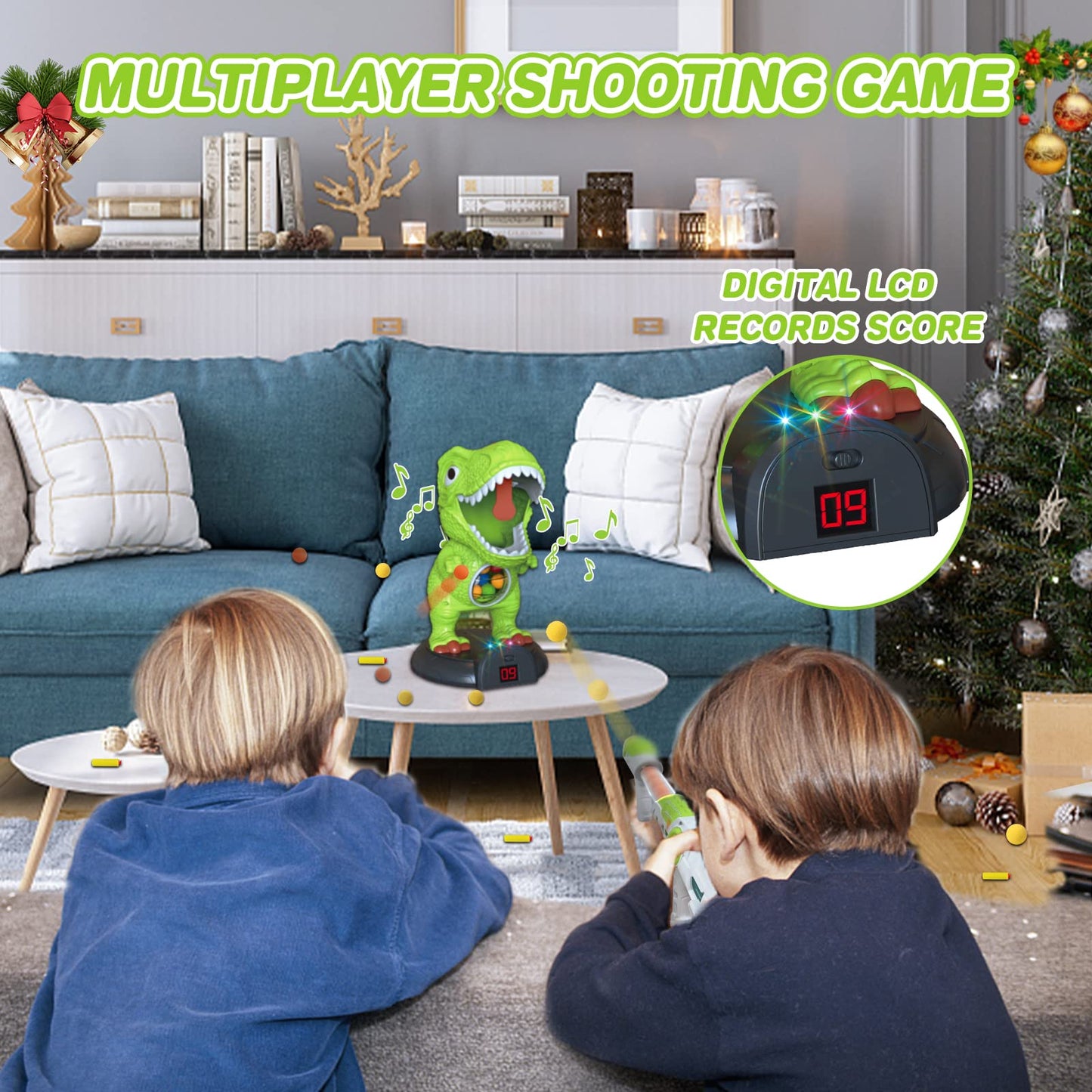 KPPIT Moveable Dinosaur Shooting Game Toy with LCD Score – 2 Air Guns, Safe Foam Bullets, Kids 5-8+