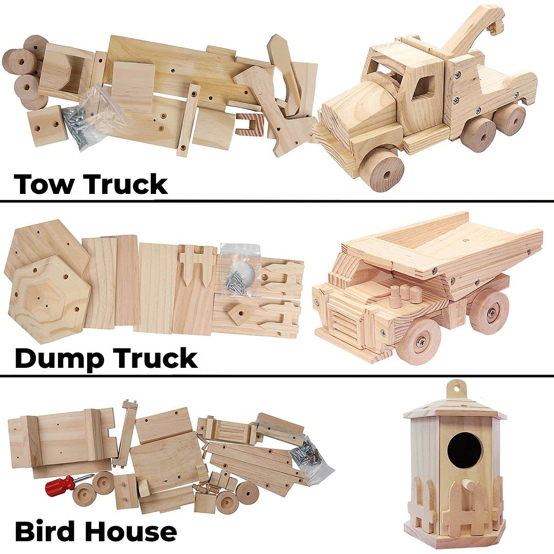 Kraftic Woodworking Kit for Kids & Adults — Tow Truck, Birdhouse, Dump Truck
