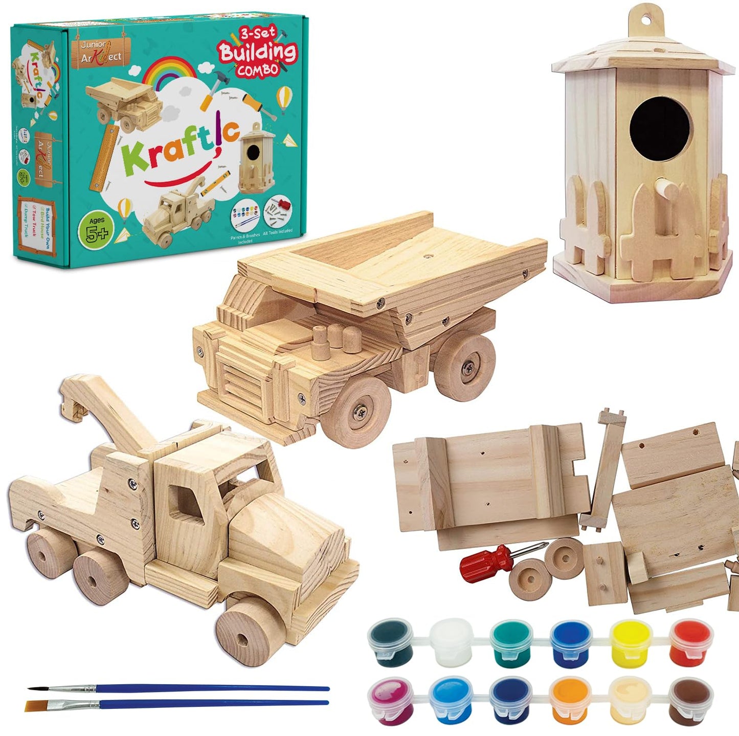 Kraftic Woodworking Kit for Kids & Adults — Tow Truck, Birdhouse, Dump Truck
