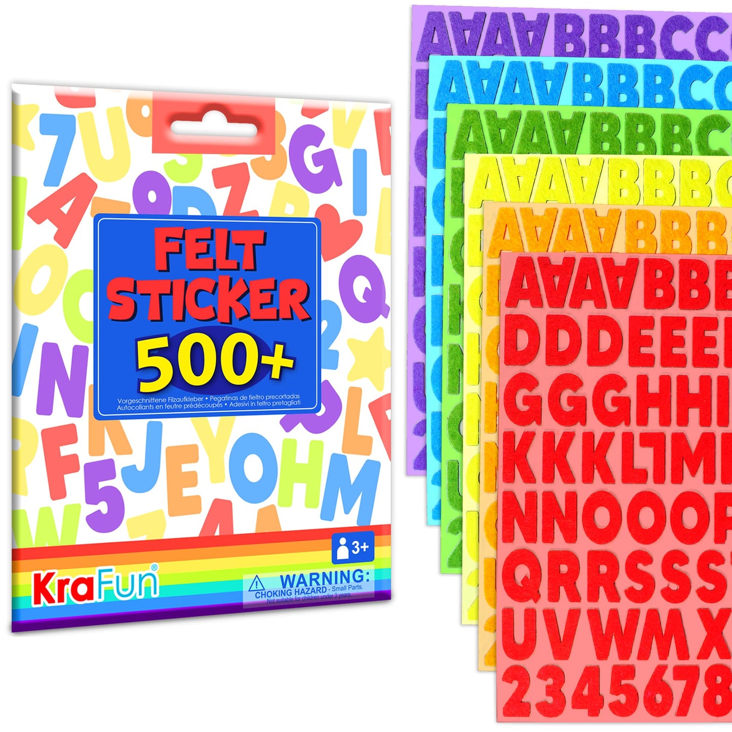 KRAFUN 500+ Felt Stickers for Toddlers & Kids – Self-Adhesive Alphabet, Numbers & Shapes