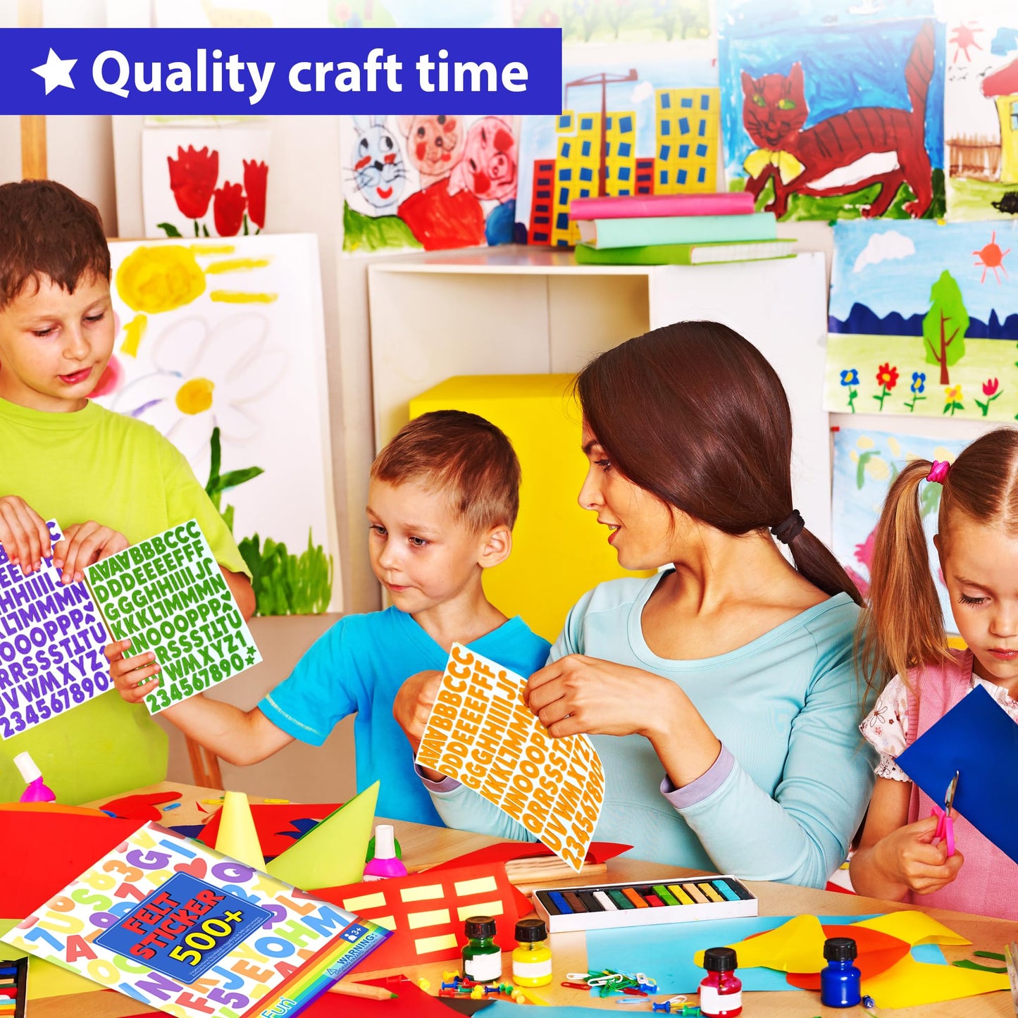 KRAFUN 500+ Felt Stickers for Toddlers & Kids – Self-Adhesive Alphabet, Numbers & Shapes