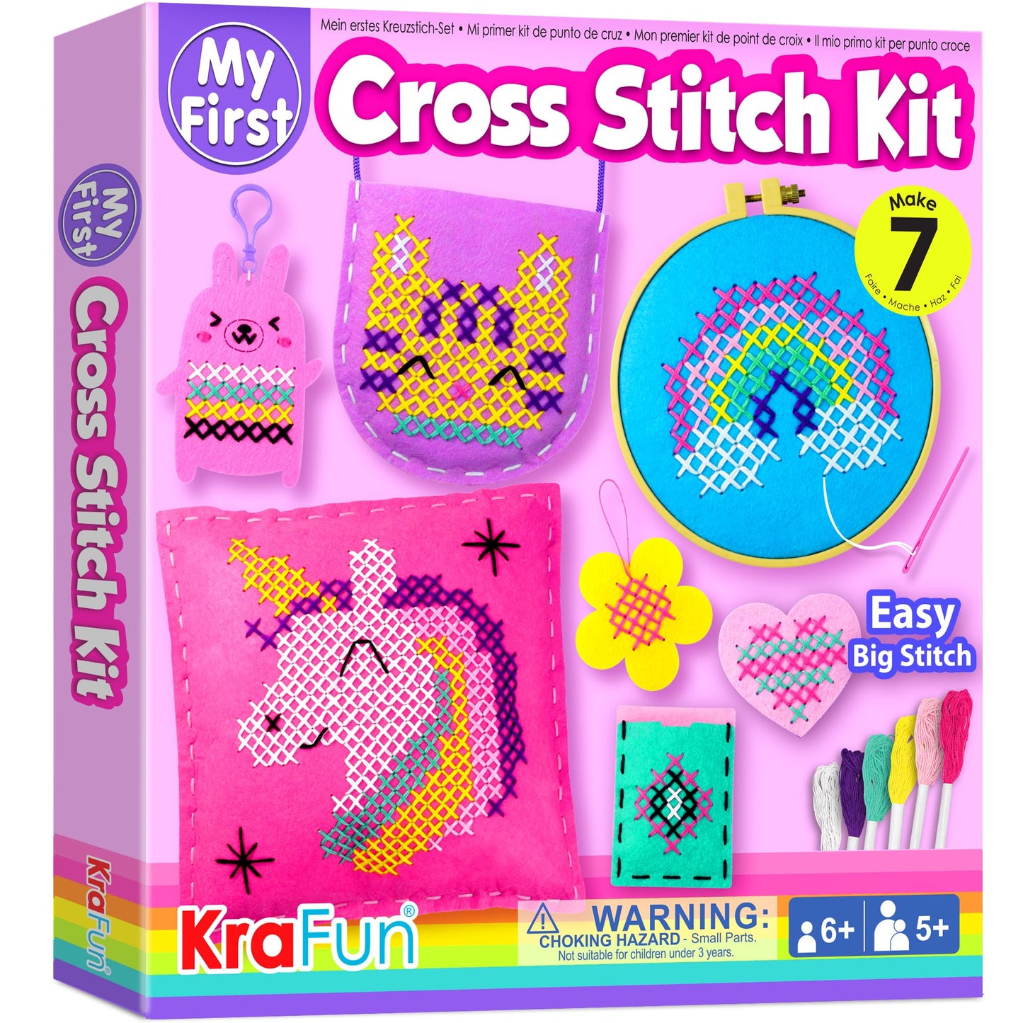 KRAFUN Beginner Cross Stitch Kit for Kids – 6 Easy Projects with Felt Crafts