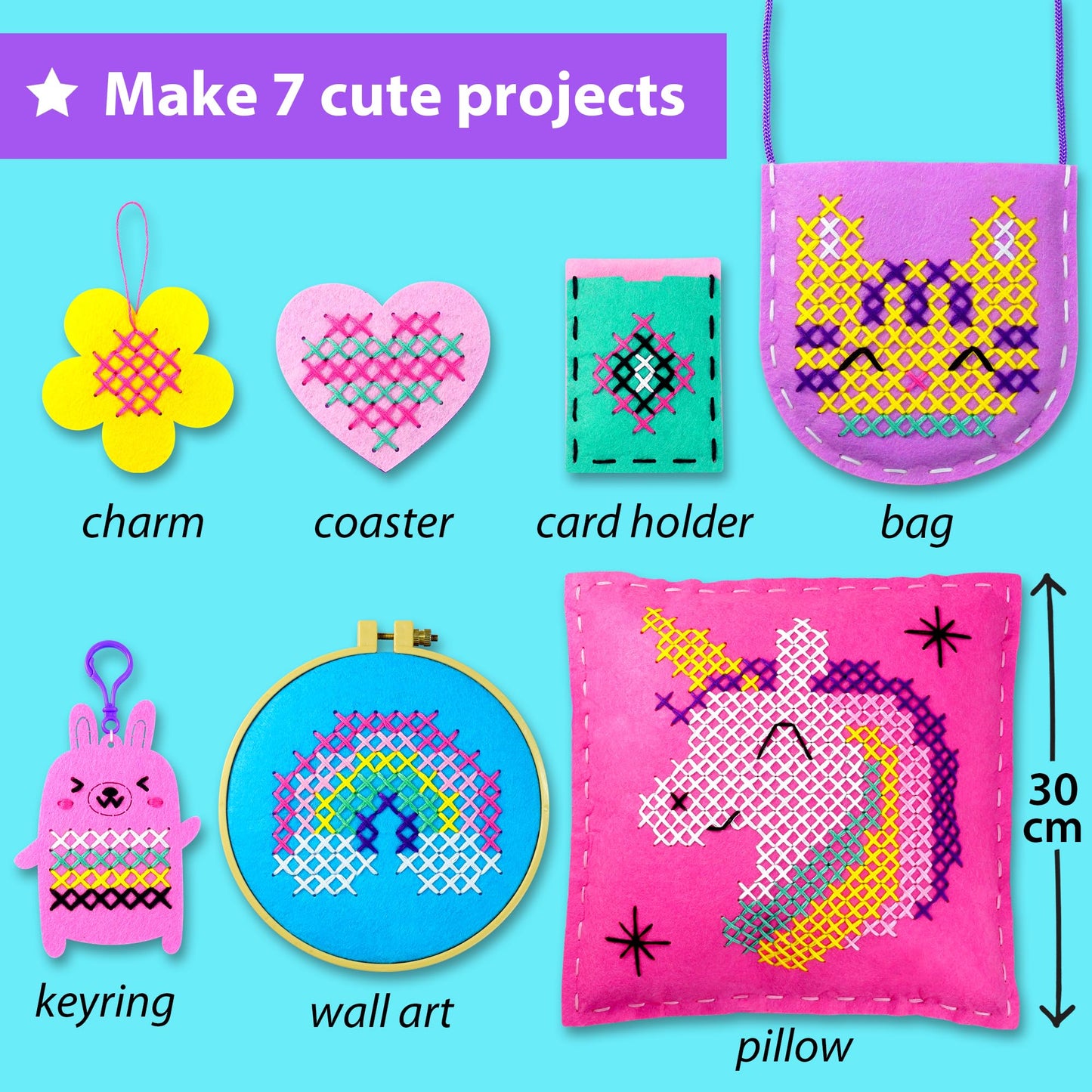 KRAFUN Beginner Cross Stitch Kit for Kids – 6 Easy Projects with Felt Crafts