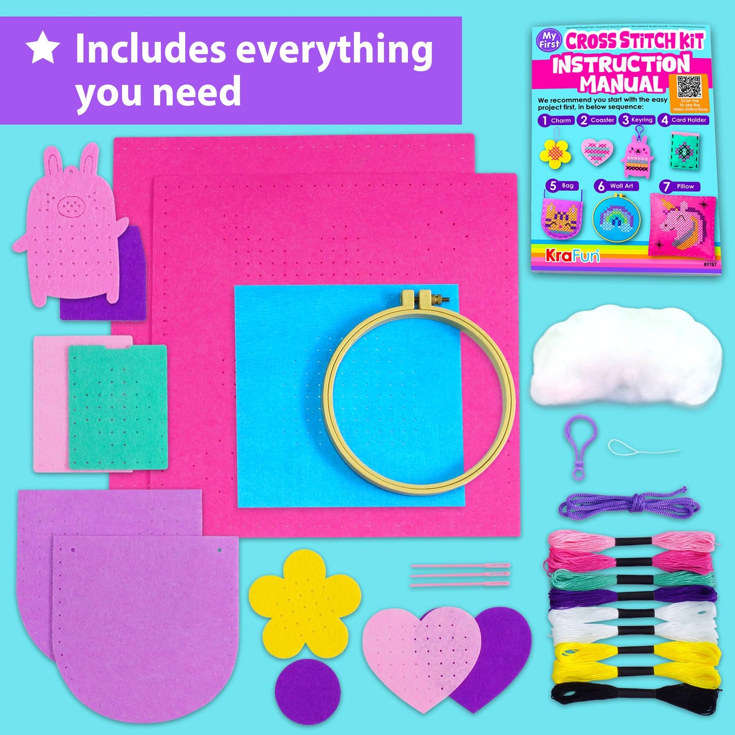 KRAFUN Beginner Cross Stitch Kit for Kids – 6 Easy Projects with Felt Crafts