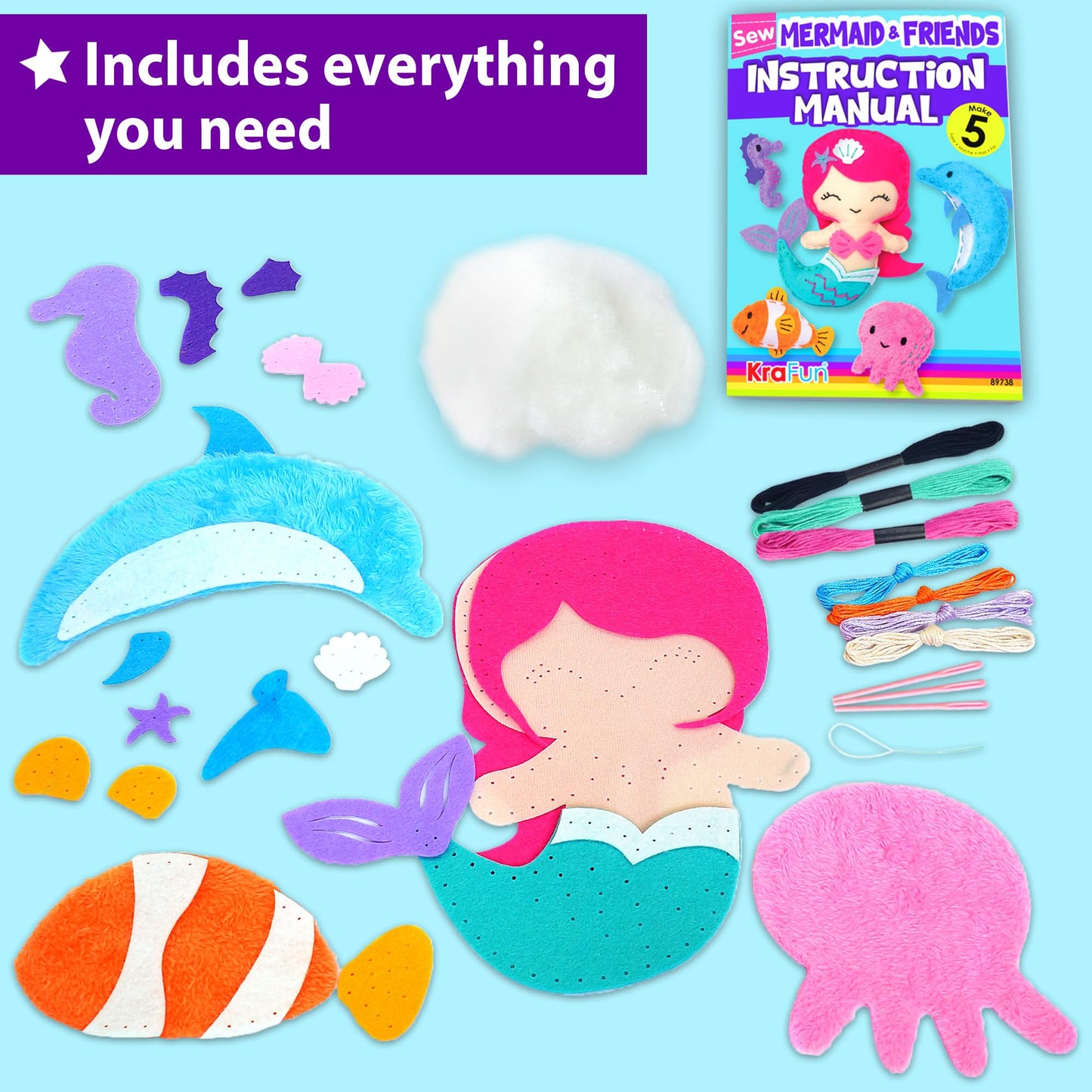 KRAFUN Mermaid Sea Animals Beginner Sewing Kit for Kids – 5 Plush Dolls