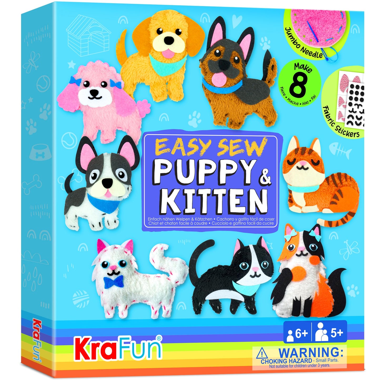 KRAFUN Easy Sewing Kit for Beginners – 8 Plush Dog & Cat Projects for Kids