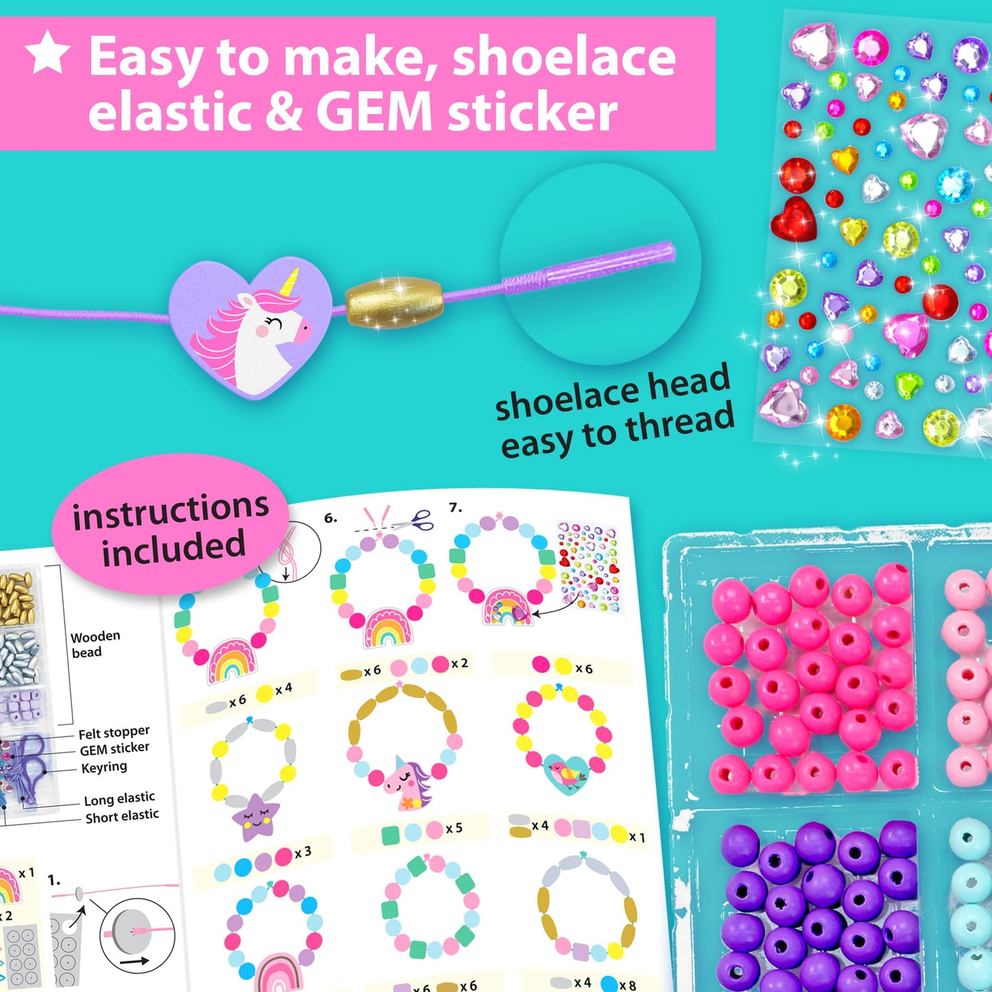 KRAFUN Unicorn Bracelet Kit for Girls – 14 Jewelry Projects with Beads, Charms & Threads